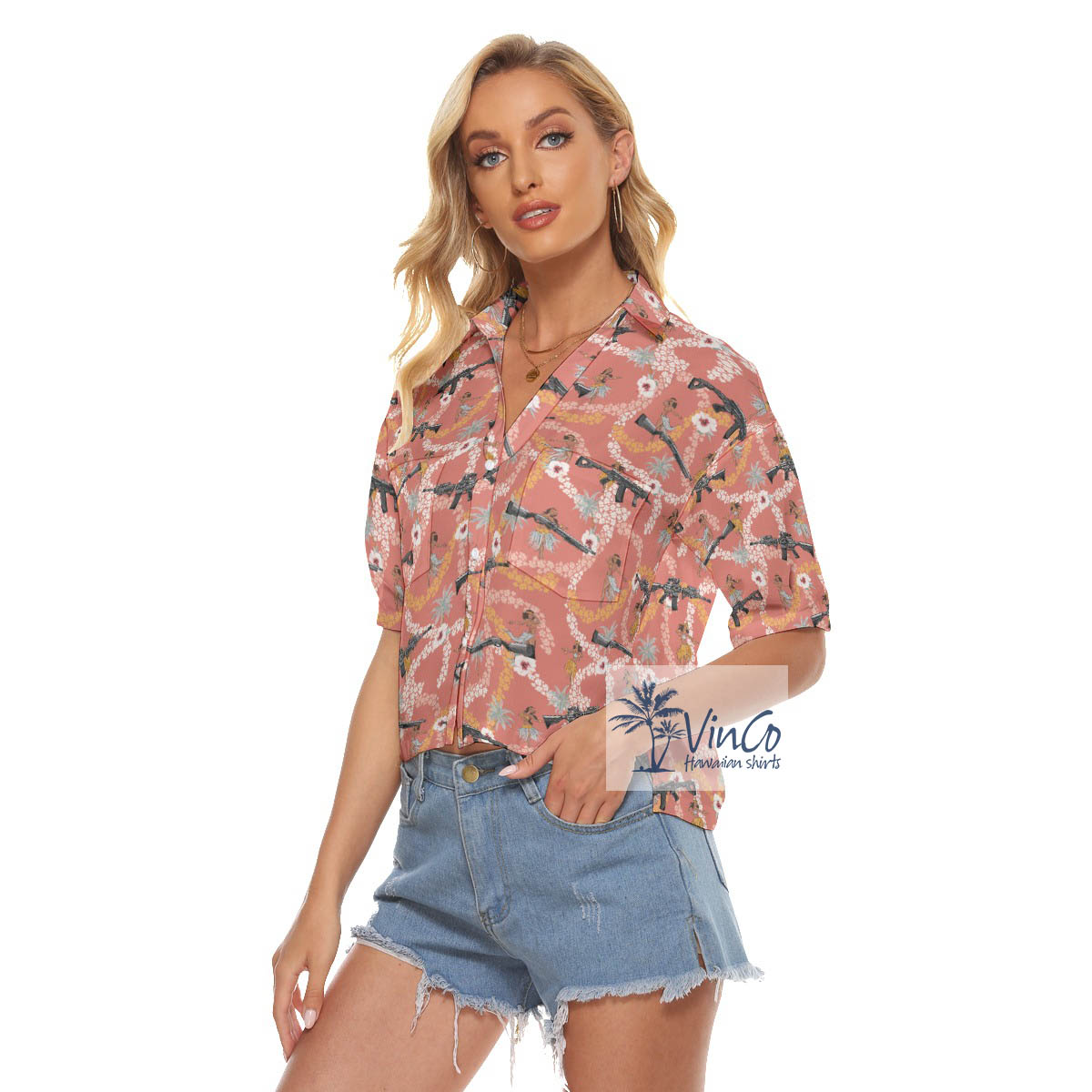 Funny Hula Girl Gun Floral Aloha Crop Top Shirt For Women