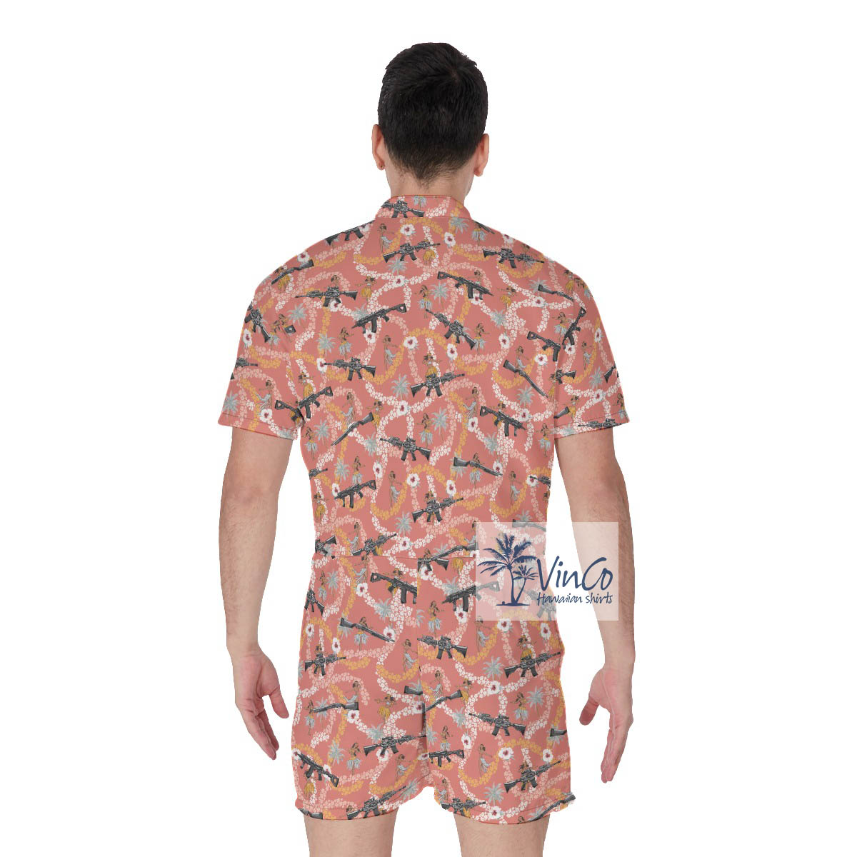 Funny Hula Girl With Gun Floral Hawaiian Romper For Men