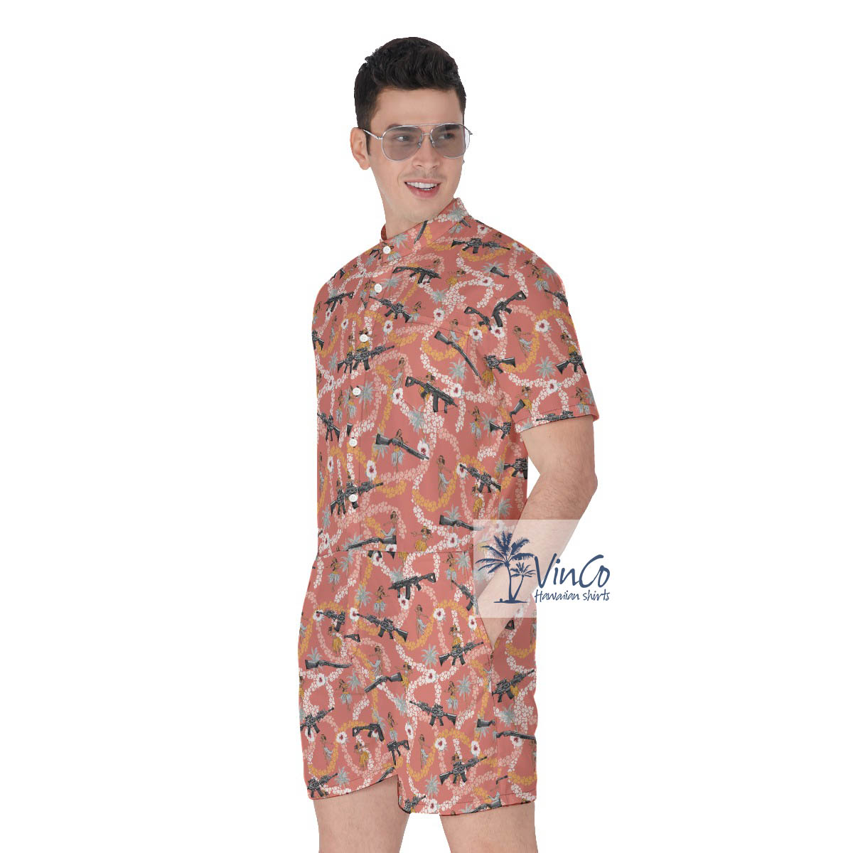 Funny Hula Girl With Gun Floral Hawaiian Romper For Men
