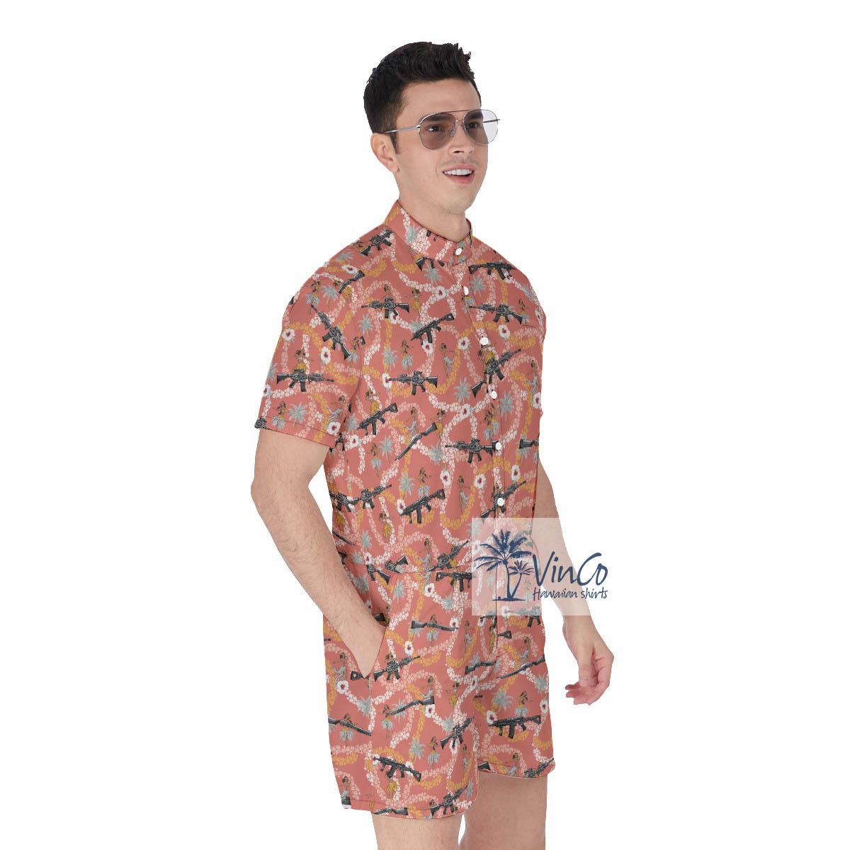Funny Hula Girl With Gun Floral Hawaiian Romper For Men