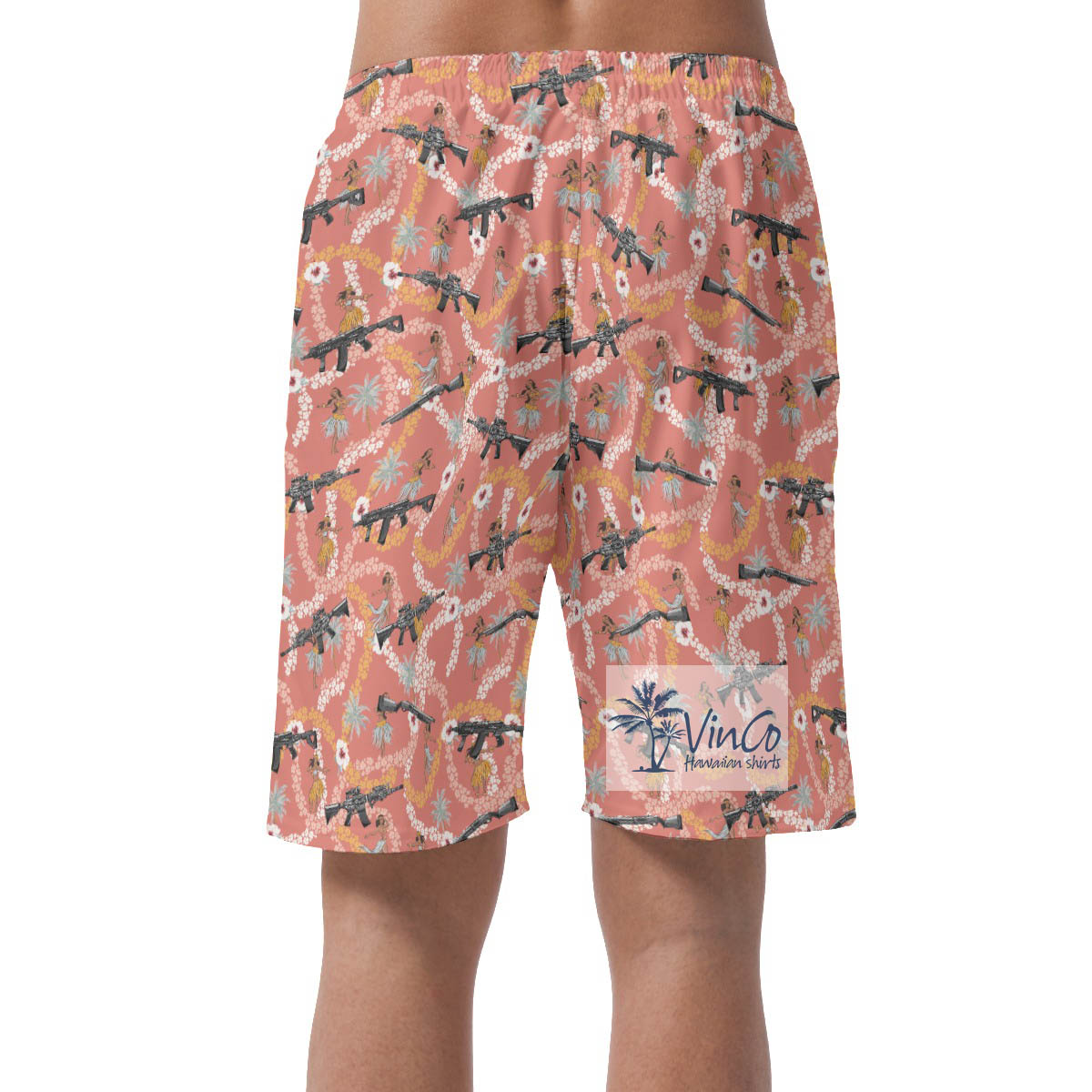 Funny Long Gun Floral Pink Hawaiian Summer Shorts For Men
