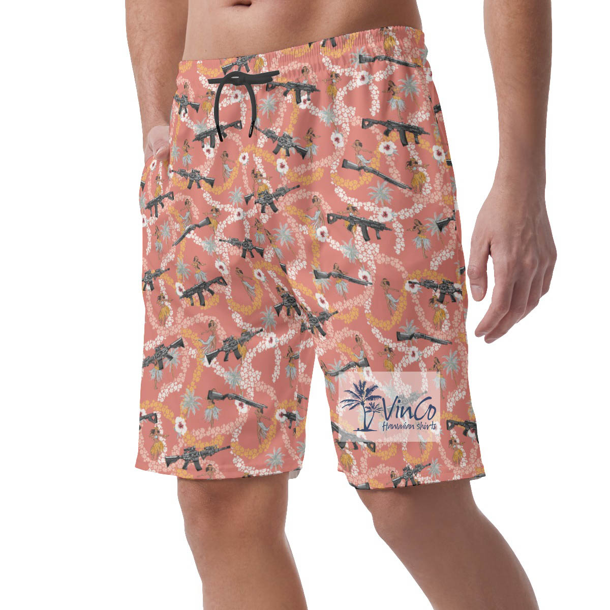 Funny Long Gun Floral Pink Hawaiian Summer Shorts For Men