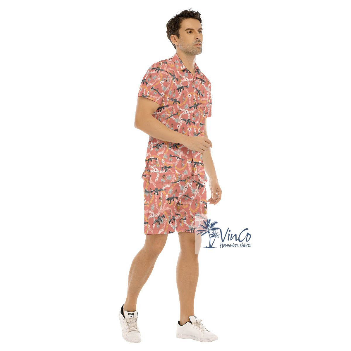 Set Funny Hula Girl Long Gun Hawaiian Shirt And Shorts For Men