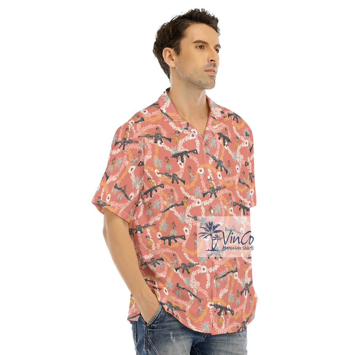 Funny Hula Girl With Gun Floral Hawaiian Shirt
