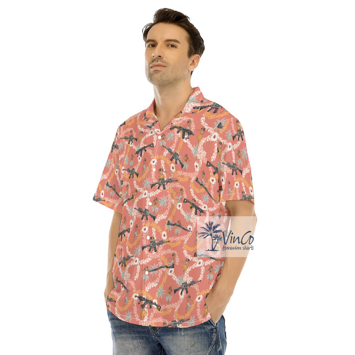 Funny Hula Girl With Gun Floral Hawaiian Shirt
