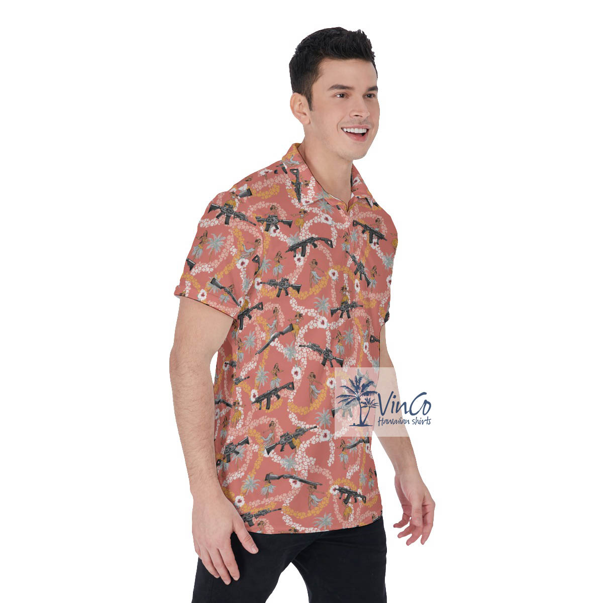 Funny Floral Hula Girl And Gun Hawaiian Polo Shirt