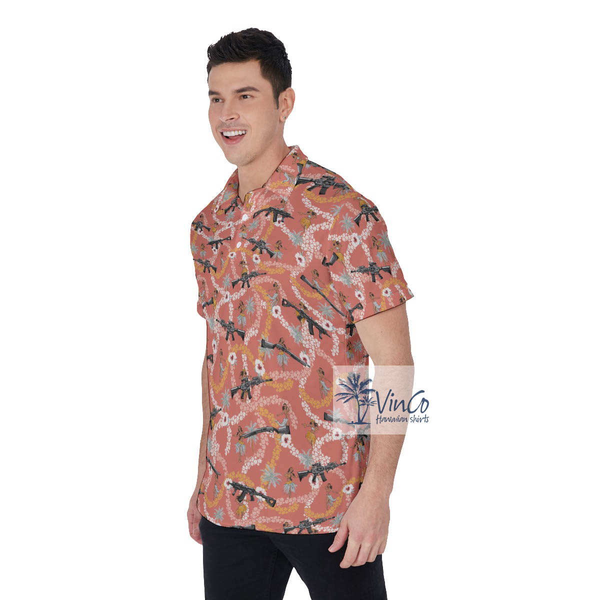 Funny Floral Hula Girl And Gun Hawaiian Polo Shirt