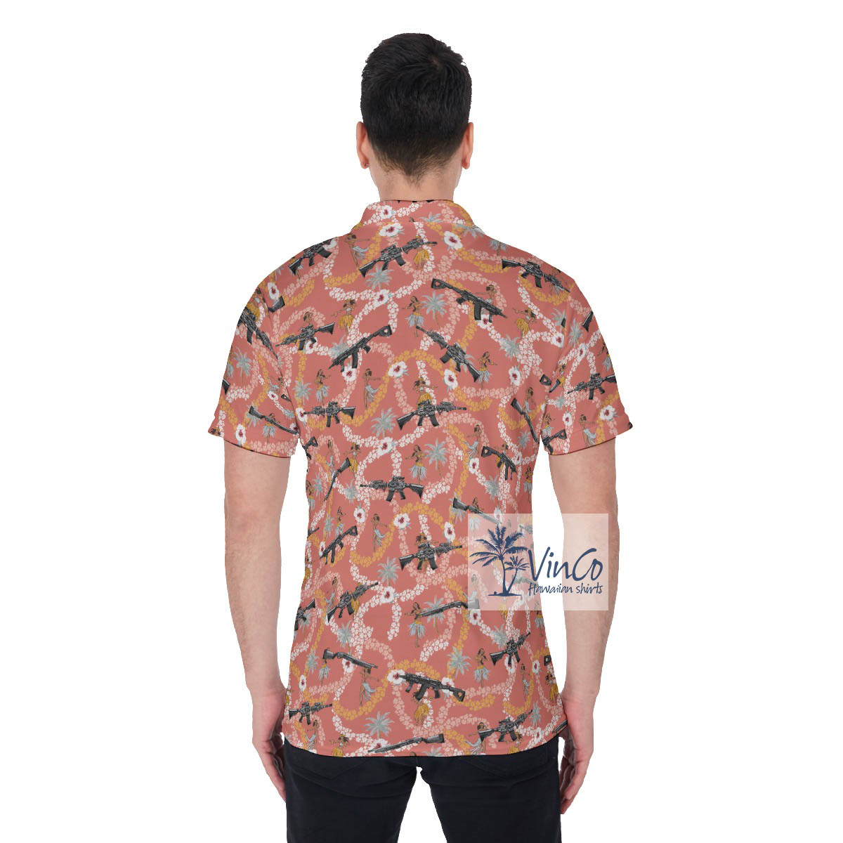 Funny Floral Hula Girl And Gun Hawaiian Polo Shirt
