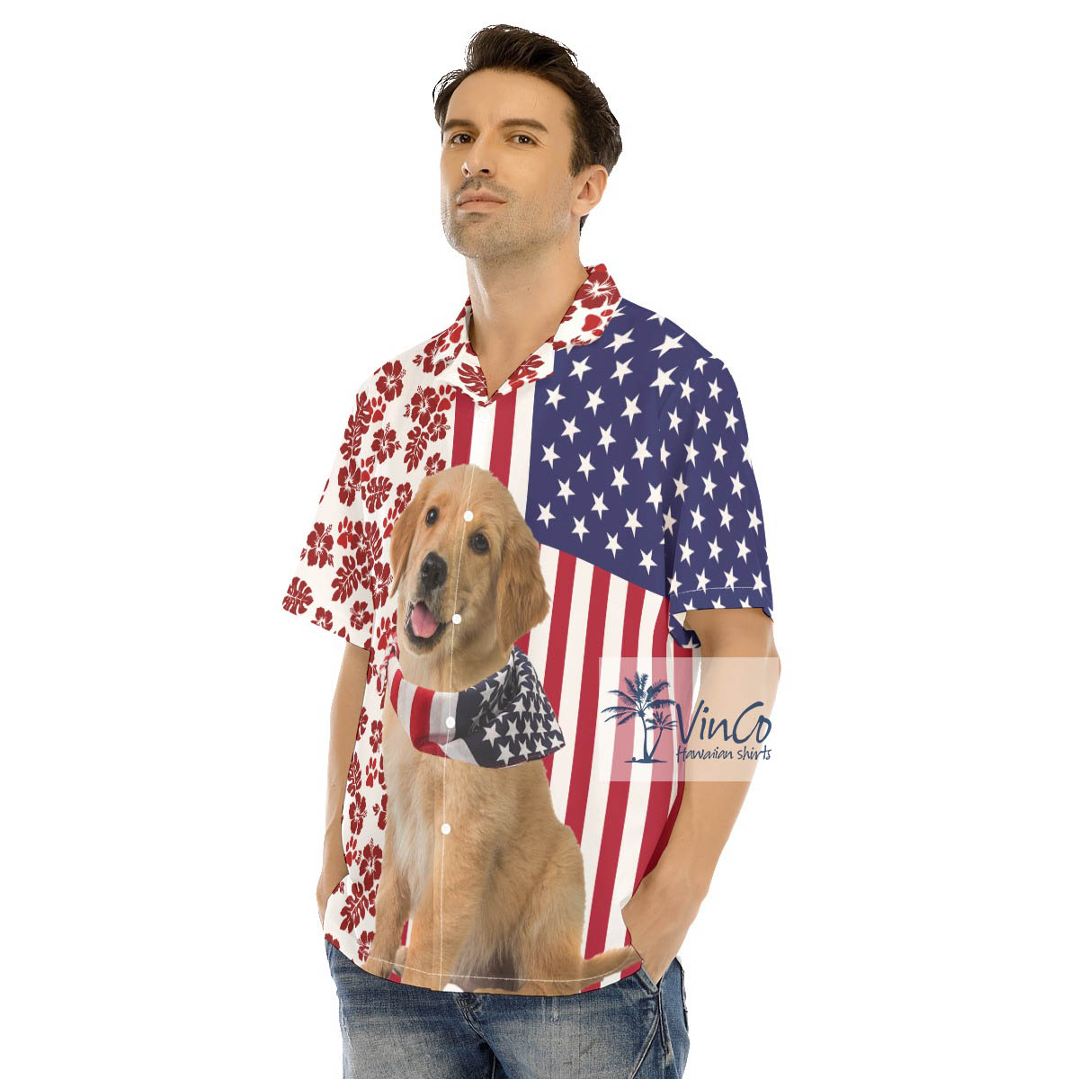 Golden Retrievers Patriotic 4th Of July Button Up Hawaiian Shirt