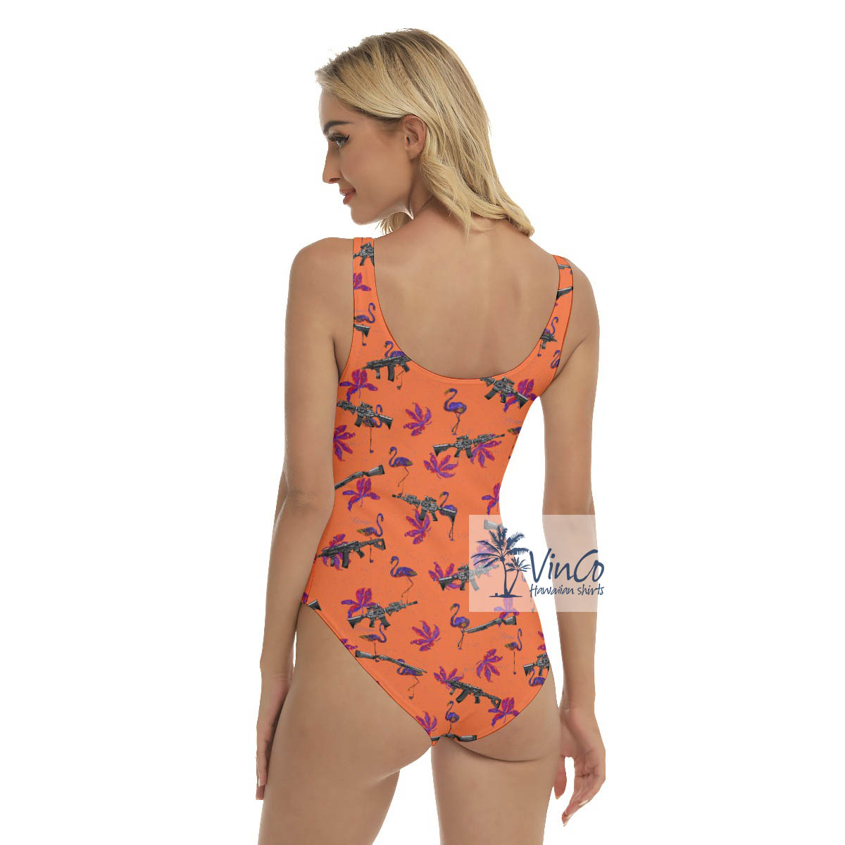 Flamingo With Gun Orange Hawaiian Swimsuit For Women