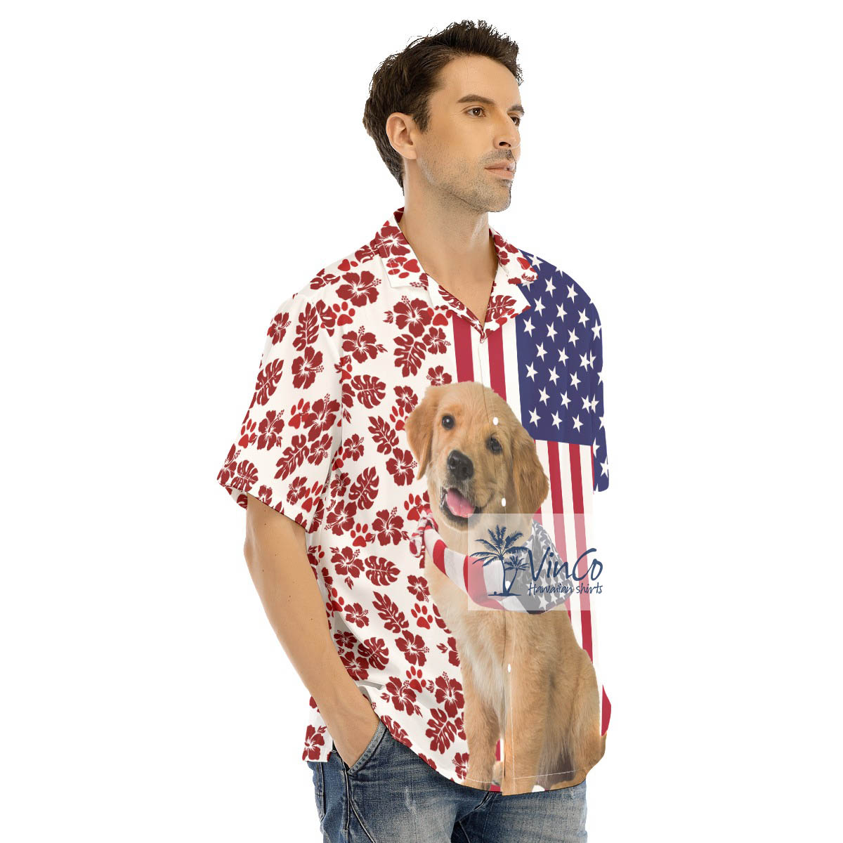 Golden Retrievers Patriotic 4th Of July Button Up Hawaiian Shirt
