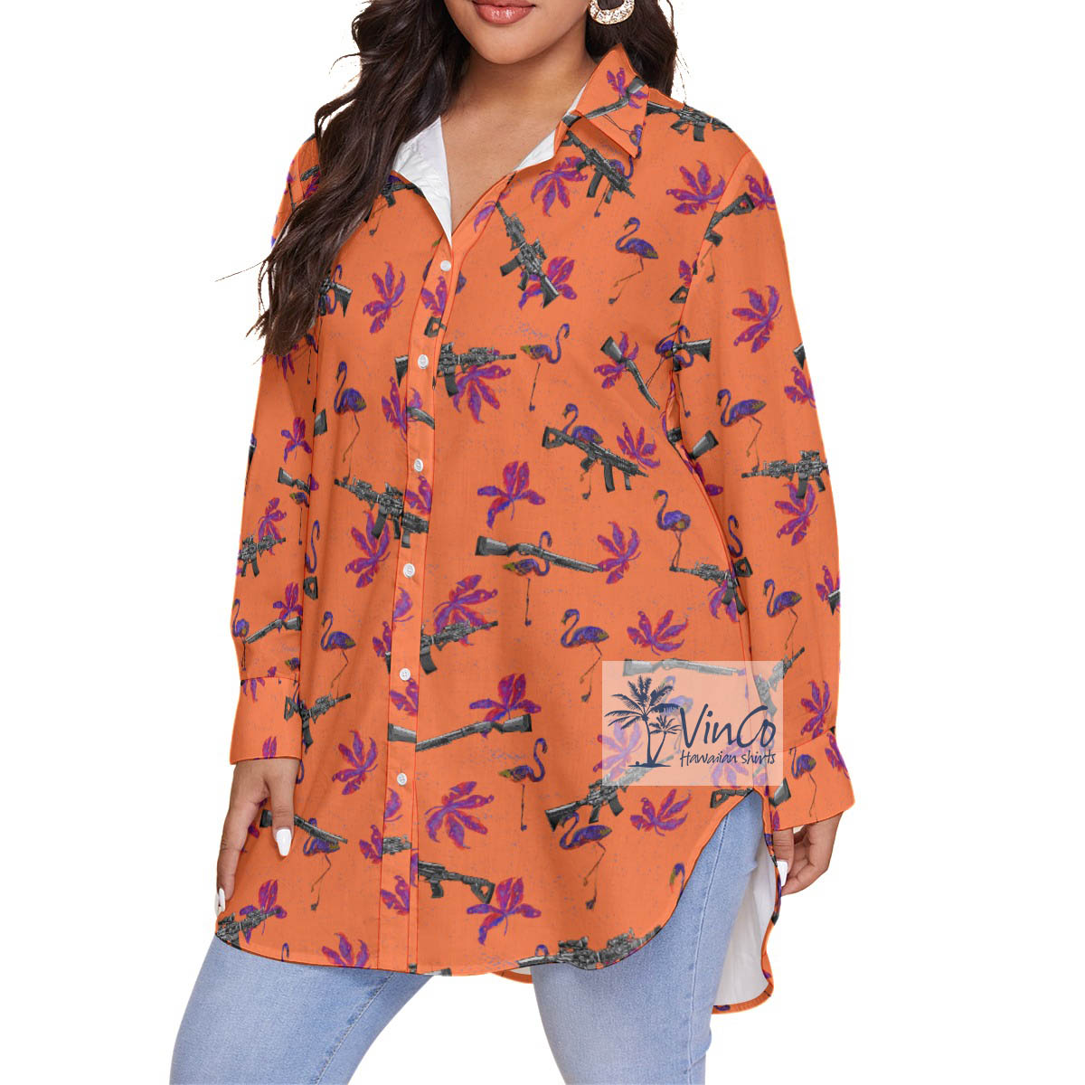 Funny Flamingo With Long Gun Orange Plus Size Hawaiian Shirt