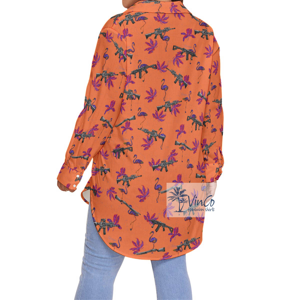 Funny Flamingo With Long Gun Orange Plus Size Hawaiian Shirt