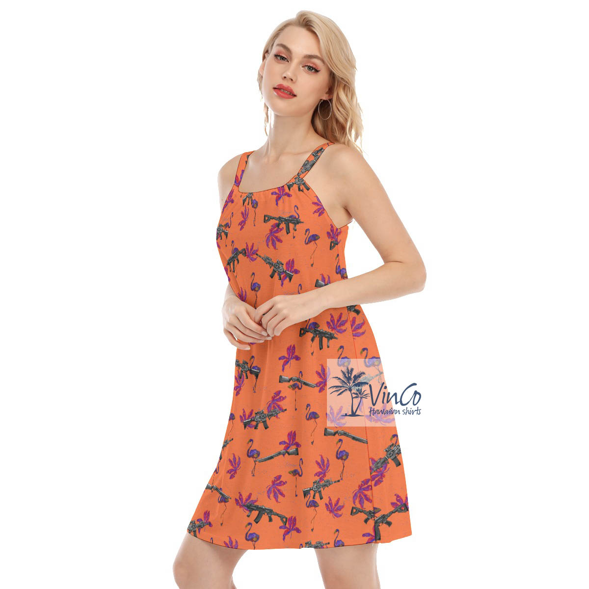 Orange Flamingo With Long Gun Hawaiian Cami Dresses For Women