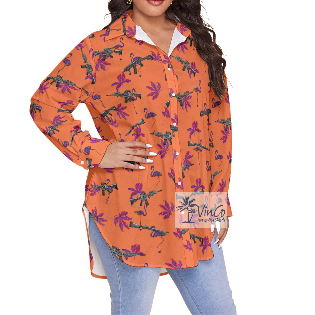 Funny Flamingo With Long Gun Orange Plus Size Hawaiian Shirt