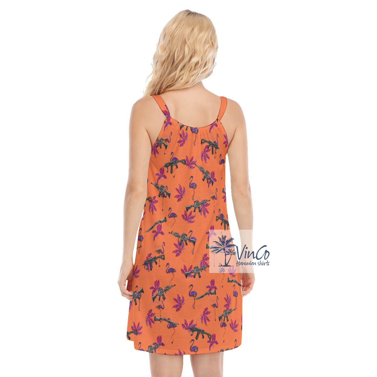 Orange Flamingo With Long Gun Hawaiian Cami Dresses For Women