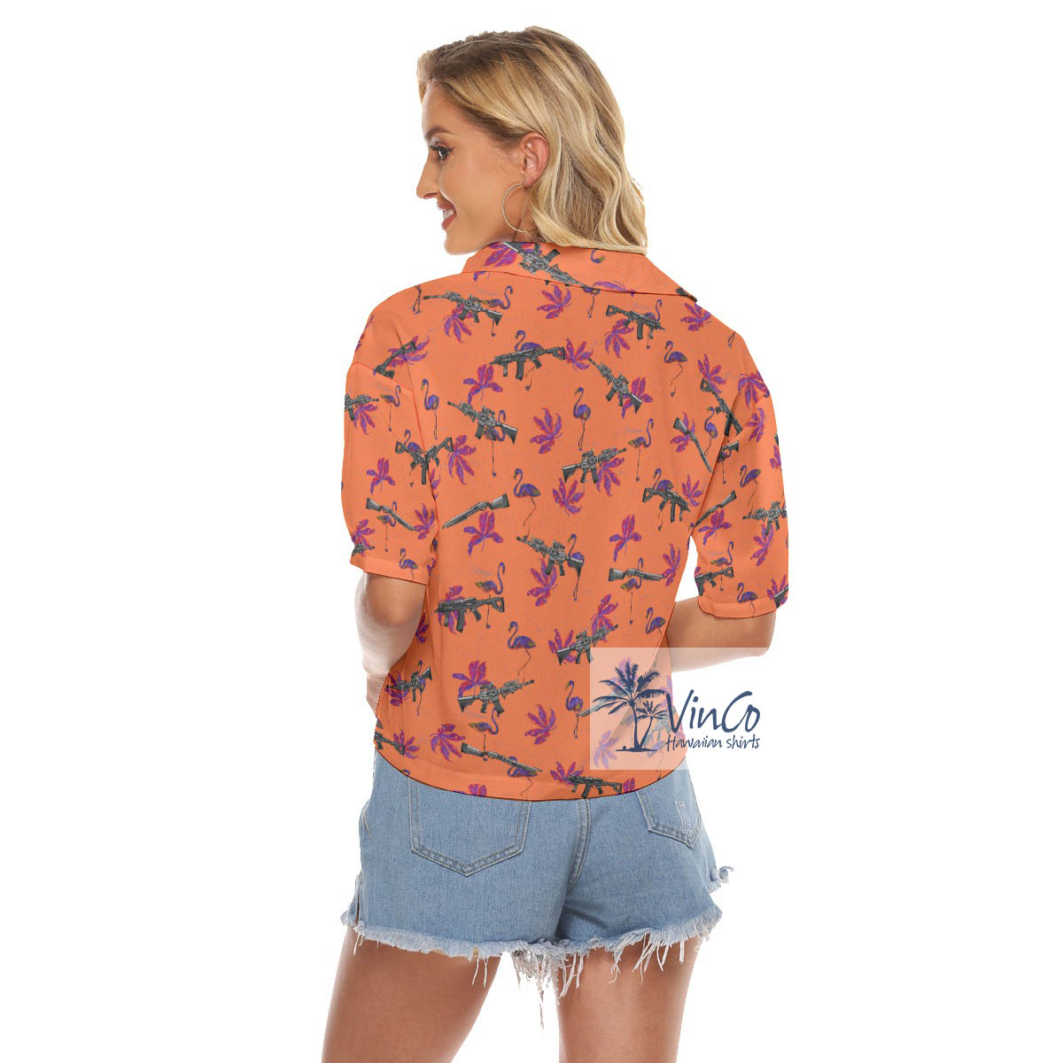 Orange Flamingo Gun Aloha Crop Top Shirt For Women
