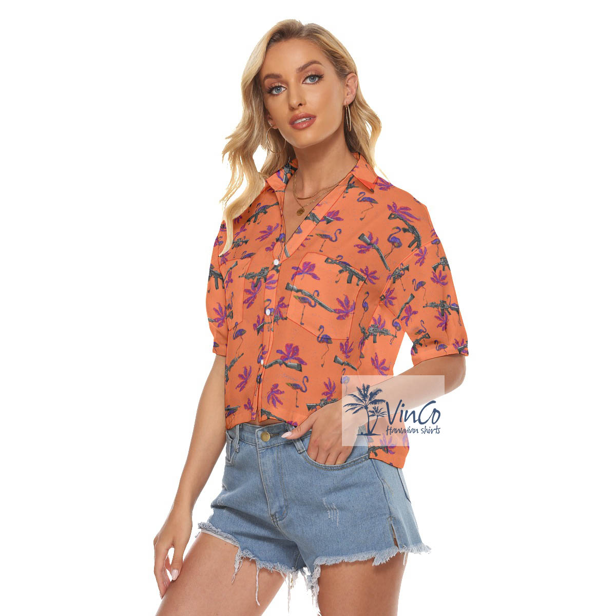 Orange Flamingo Gun Aloha Crop Top Shirt For Women