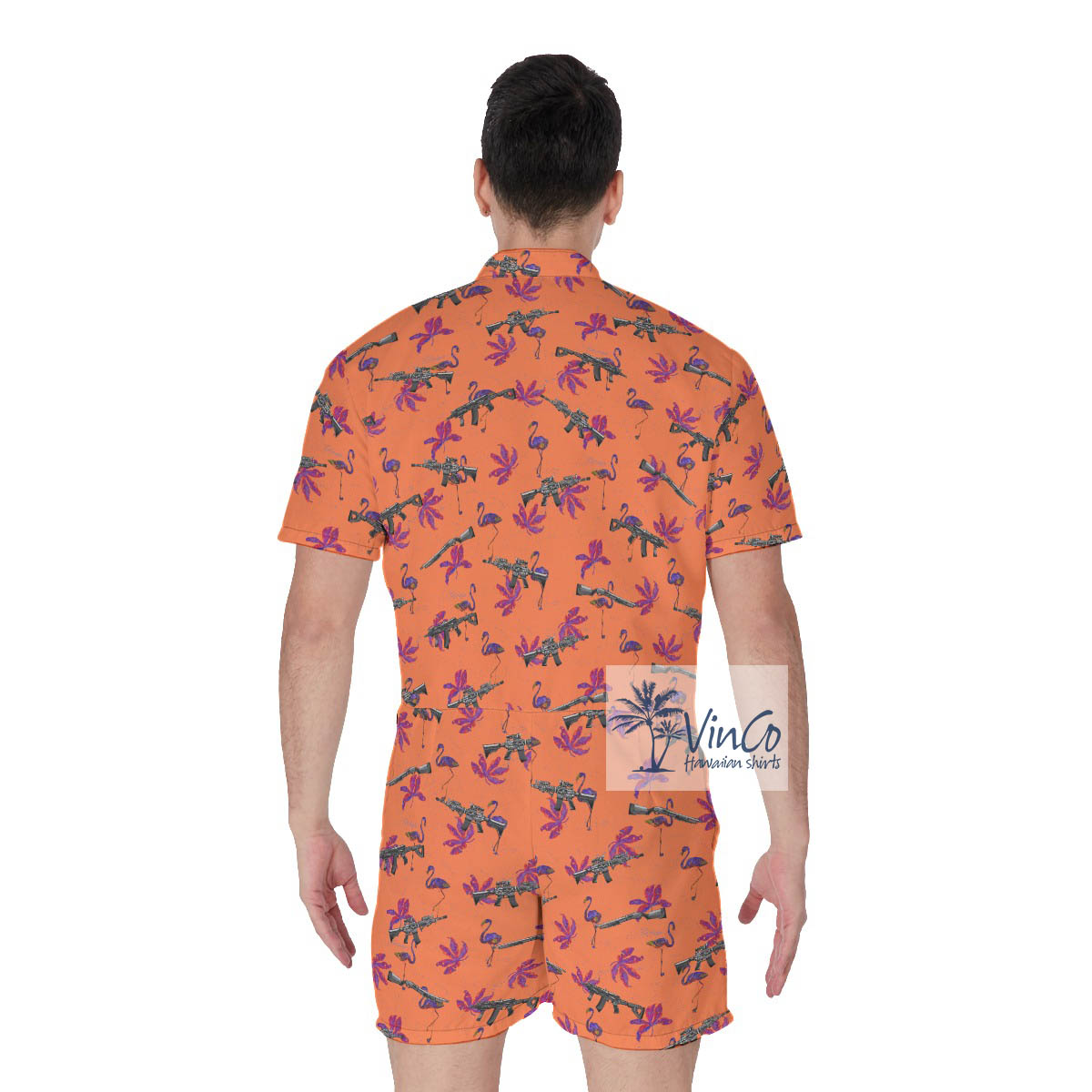 Funny Flamingo Gun Orange Hawaiian Romper For Men