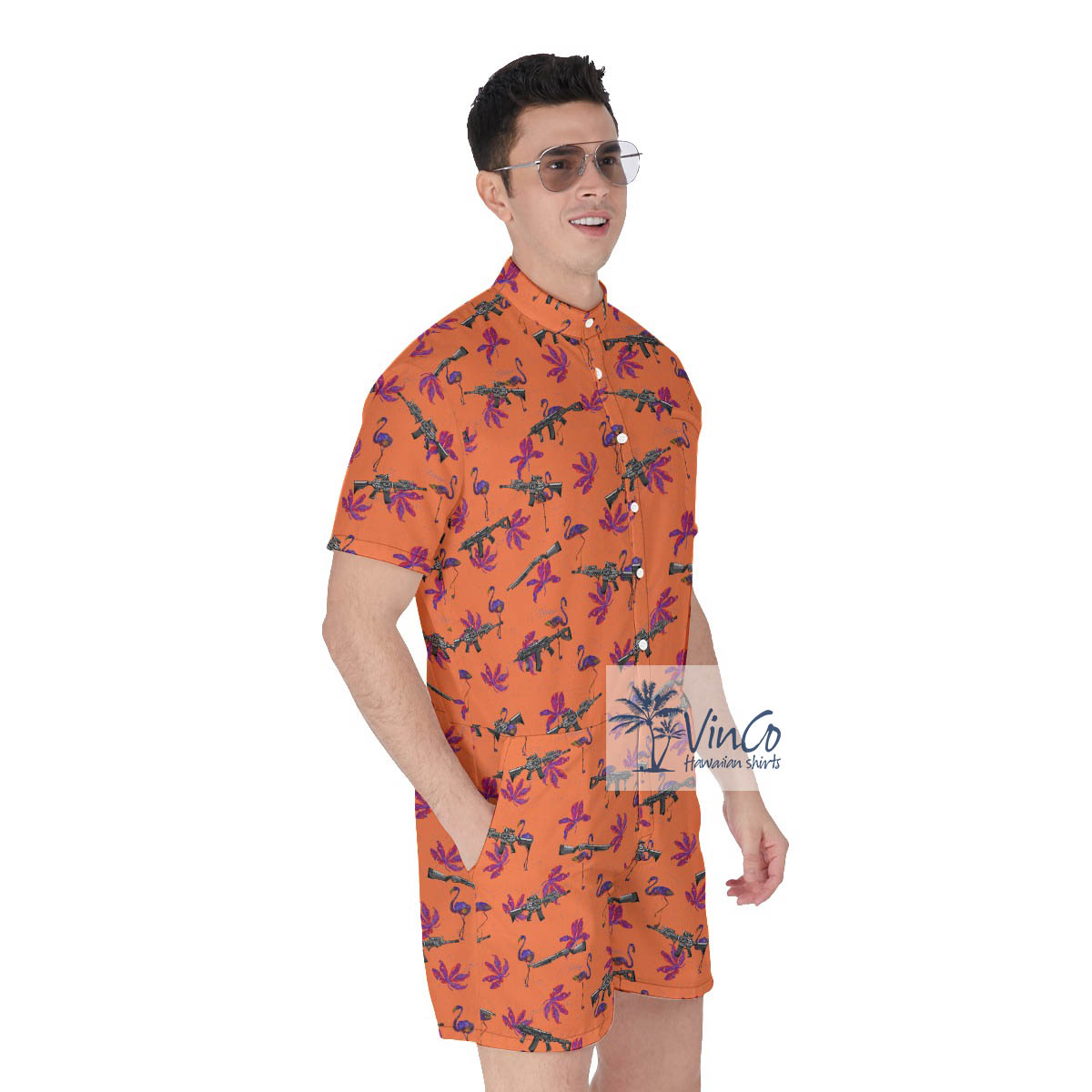 Funny Flamingo Gun Orange Hawaiian Romper For Men