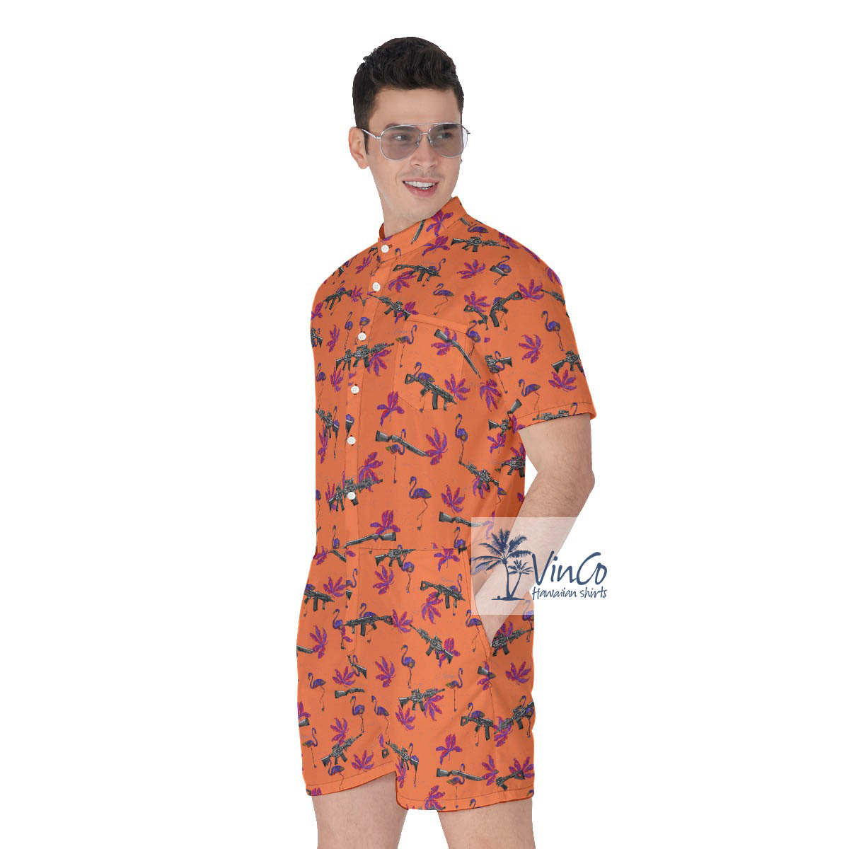 Funny Flamingo Gun Orange Hawaiian Romper For Men