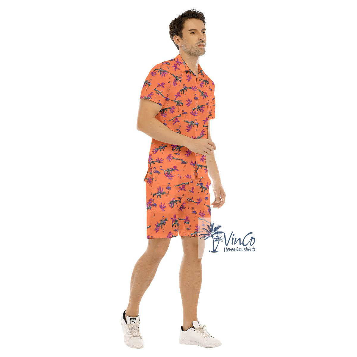 Funny Flamingo With Gun Orange Hawaiian Shirt And Shorts For Men
