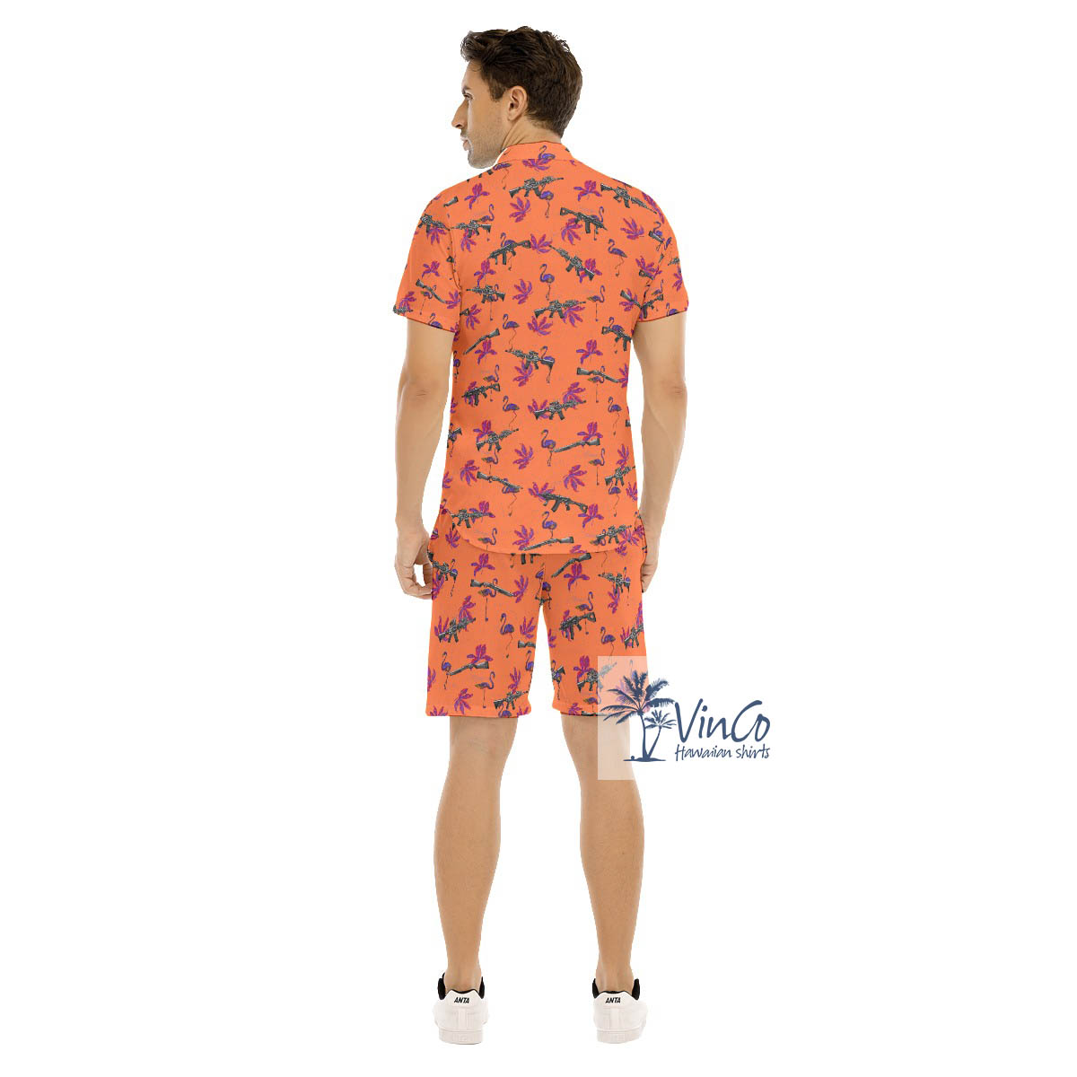 Funny Flamingo With Gun Orange Hawaiian Shirt And Shorts For Men