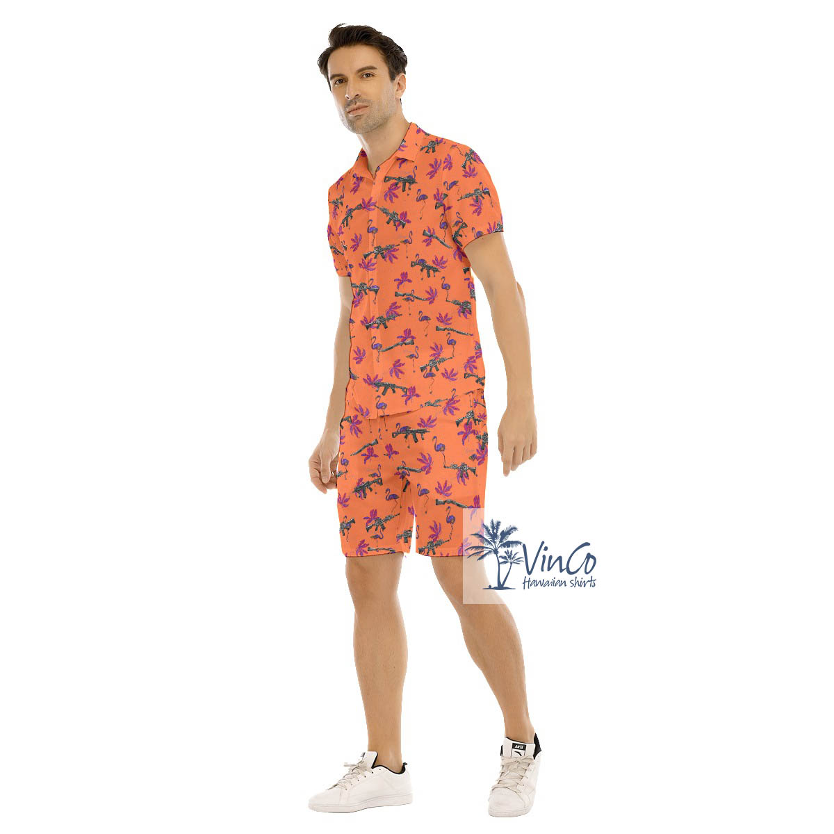 Funny Flamingo With Gun Orange Hawaiian Shirt And Shorts For Men