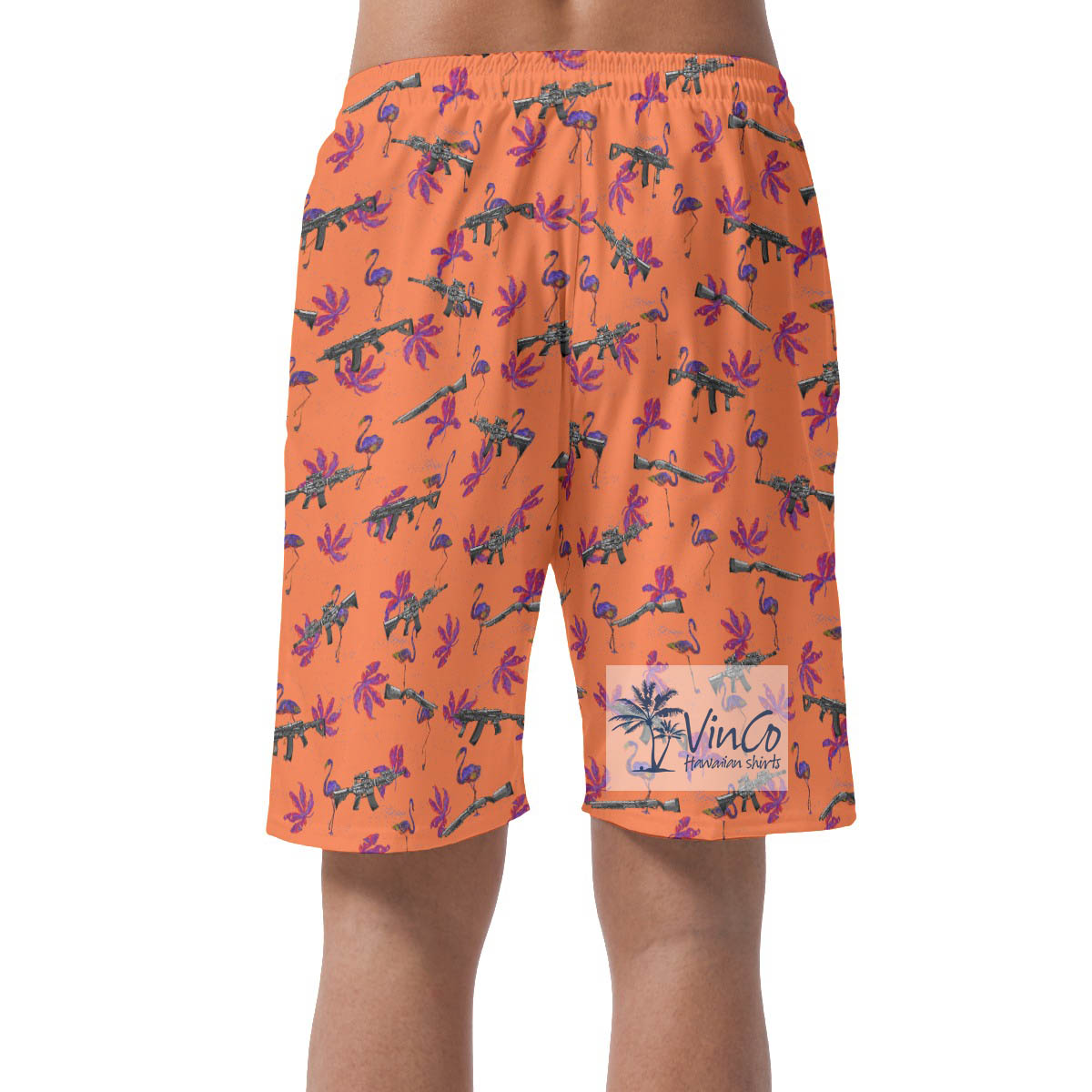 Flamingo Long Gun Orange Hawaiian Beach Shorts