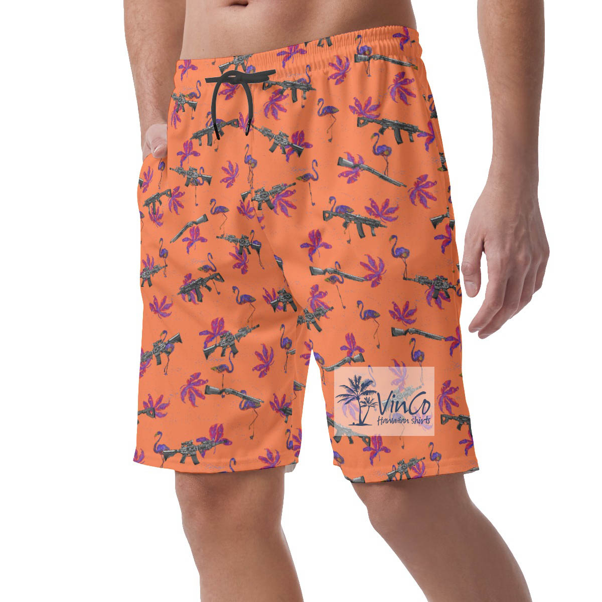 Flamingo Long Gun Orange Hawaiian Beach Shorts