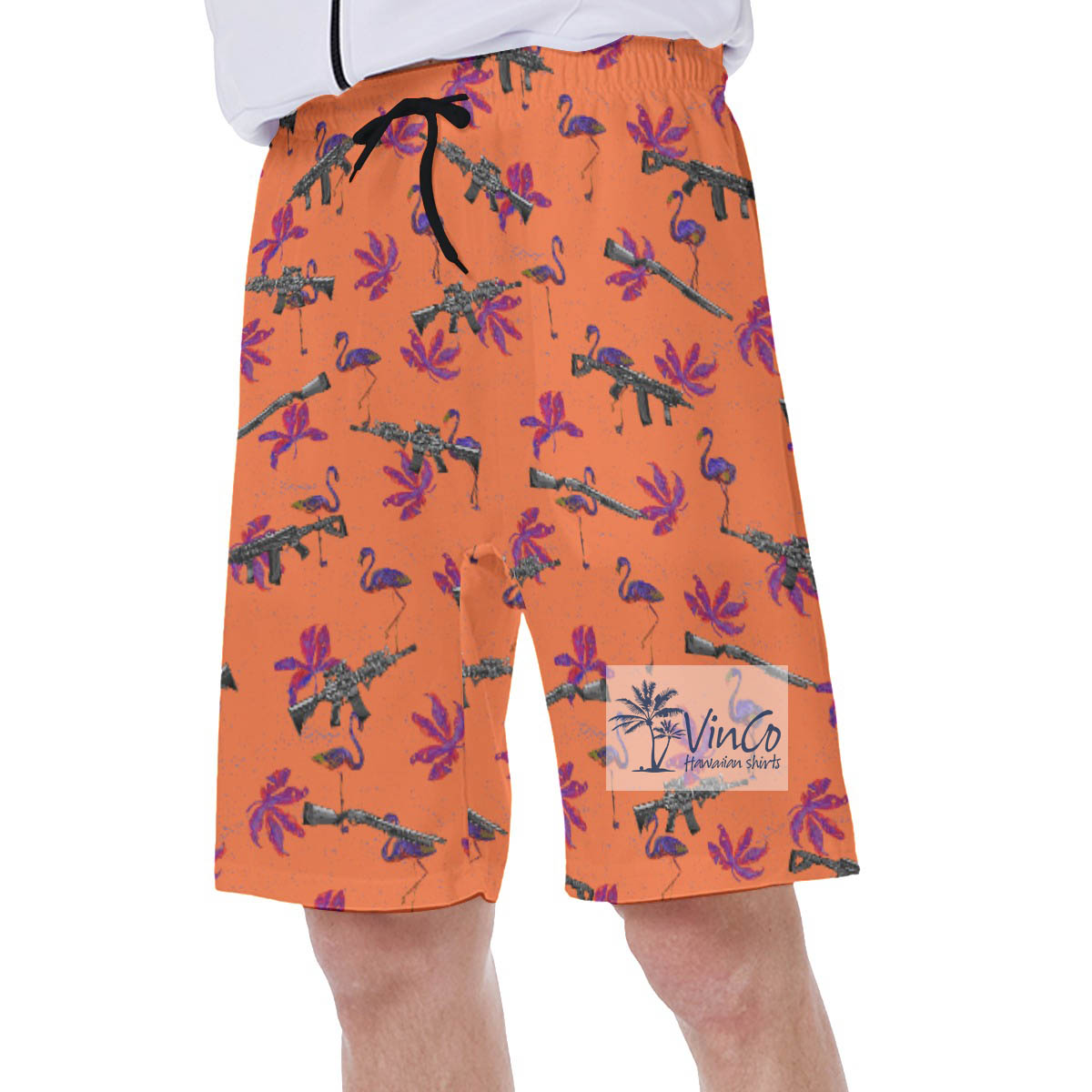 Funny Flamingo Gun Floral Orange Hawaiian Swim Trunks For Men