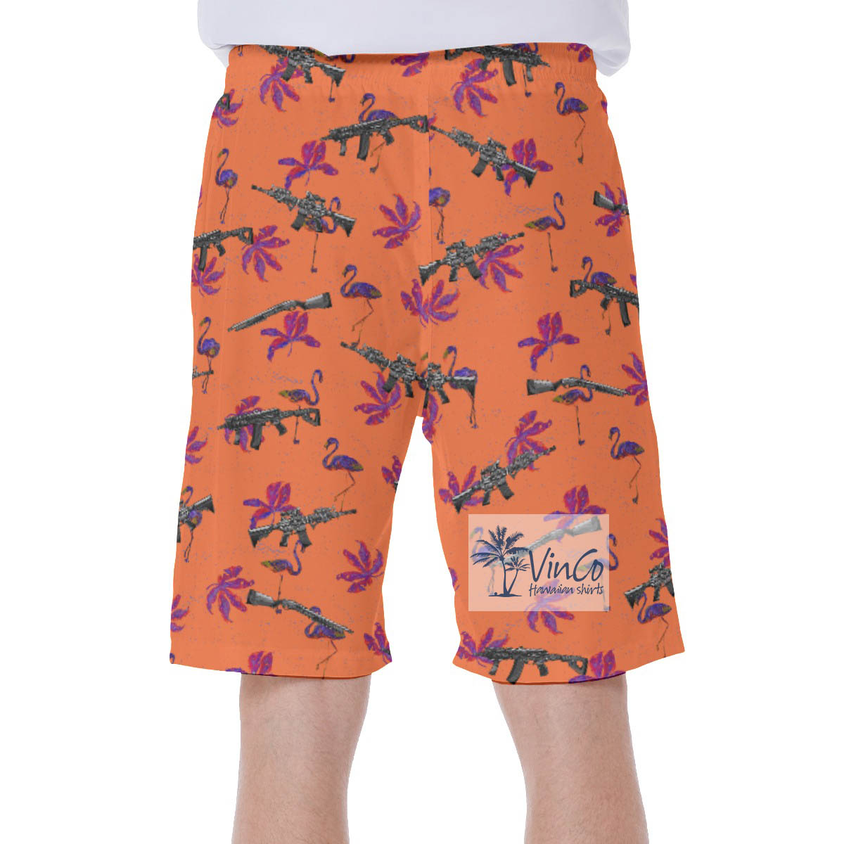 Funny Flamingo Gun Floral Orange Hawaiian Swim Trunks For Men