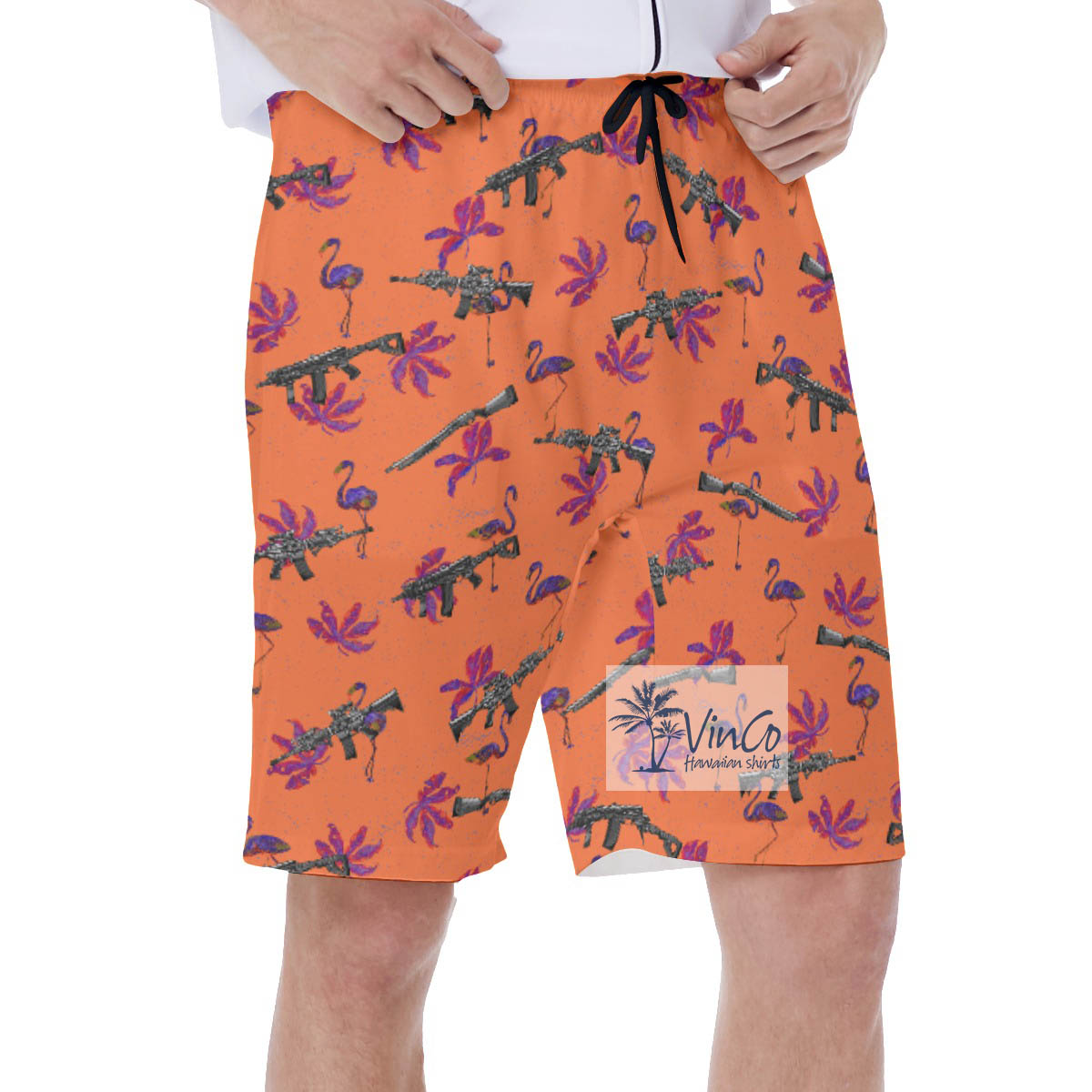 Funny Flamingo Gun Floral Orange Hawaiian Swim Trunks For Men