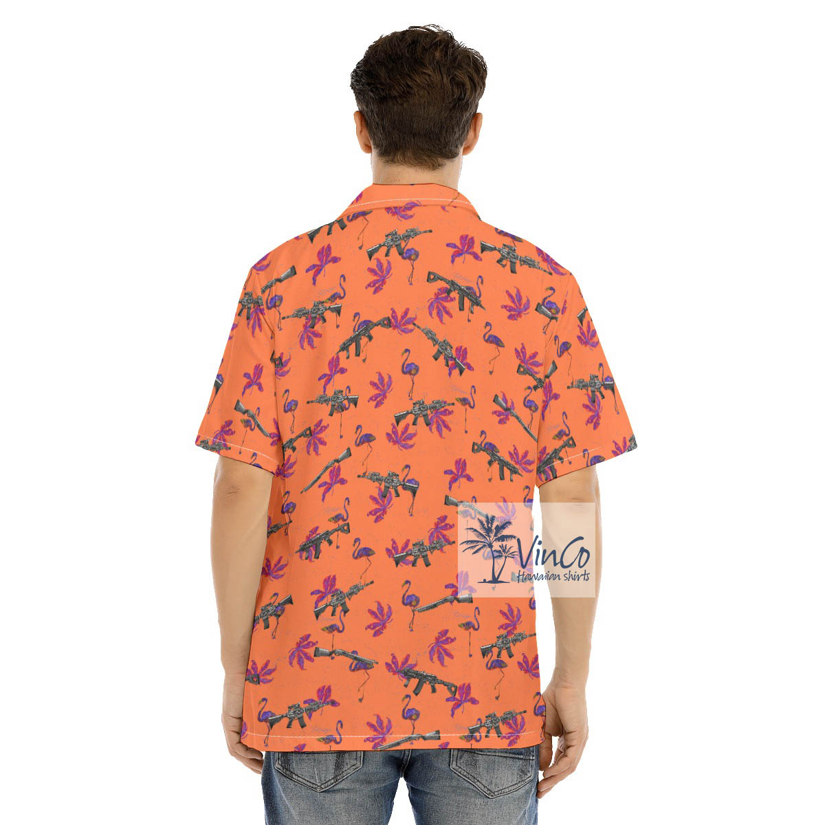 Funny Flamingo With Gun Orange Hawaiian Shirt