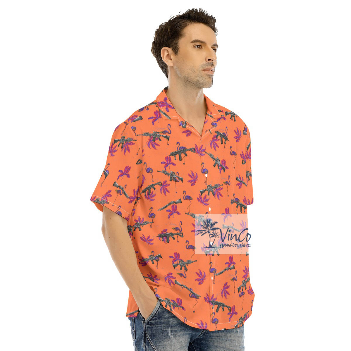 Funny Flamingo With Gun Orange Hawaiian Shirt