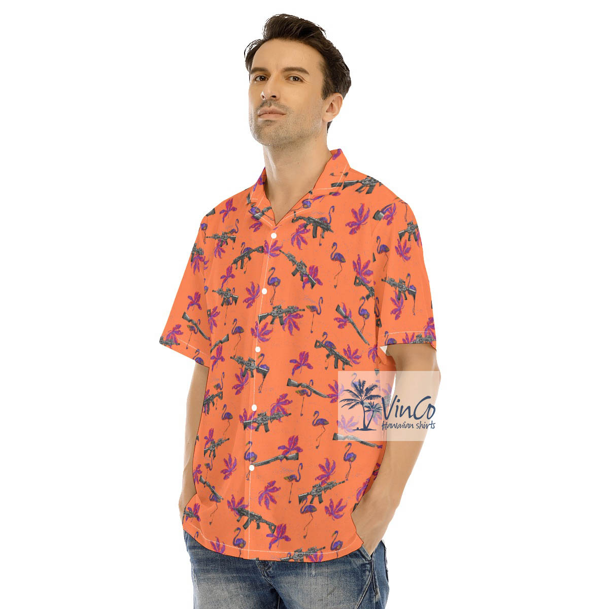 Funny Flamingo With Gun Orange Hawaiian Shirt