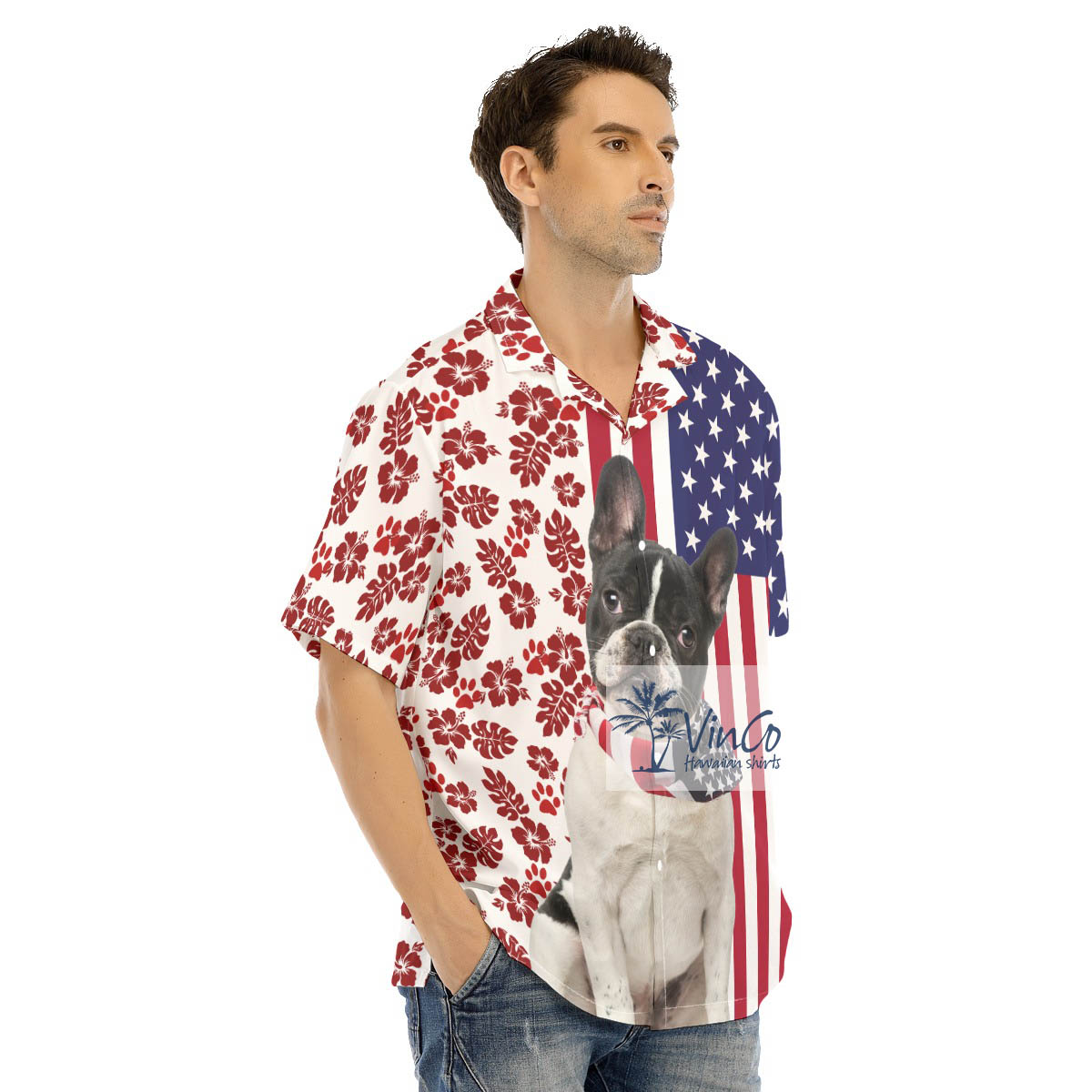 Unique French Bulldog American Flag Patriotic Aloha Shirt