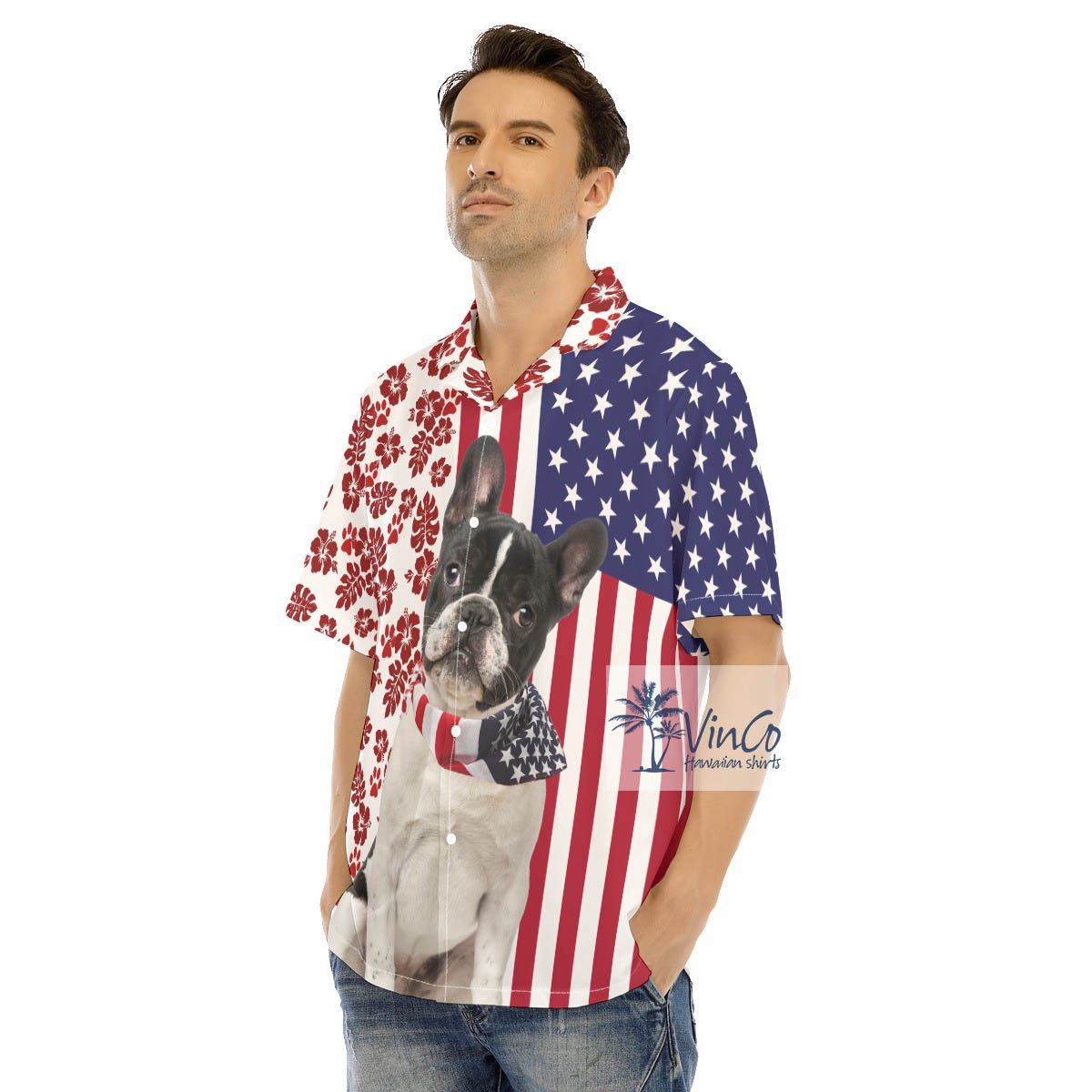 Unique French Bulldog American Flag Patriotic Aloha Shirt