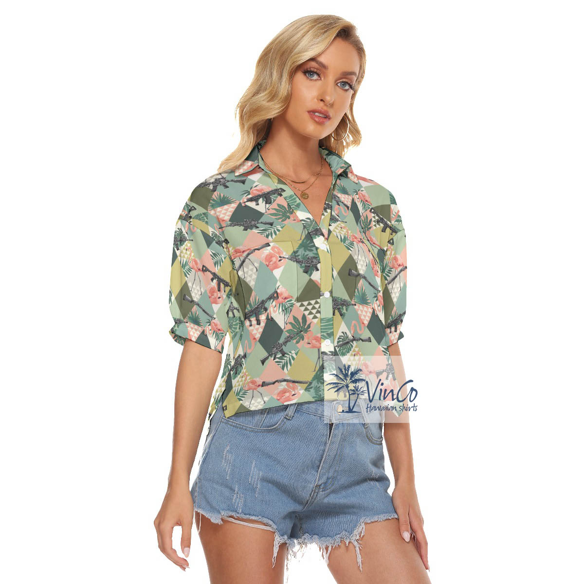 Funny Tropical Flamingo Gun Hawaiian Crop Top Shirt