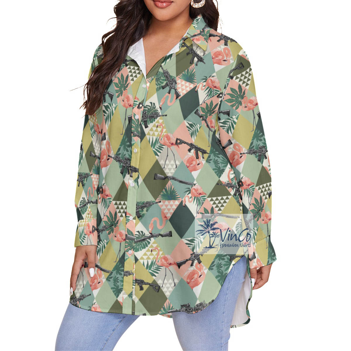 Green Tropical Flamingo Gun Hawaiian Oversize Shirt