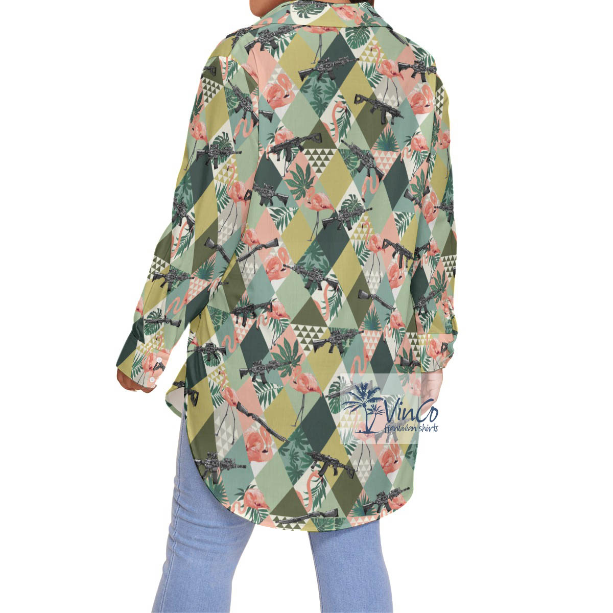Green Tropical Flamingo Gun Hawaiian Oversize Shirt
