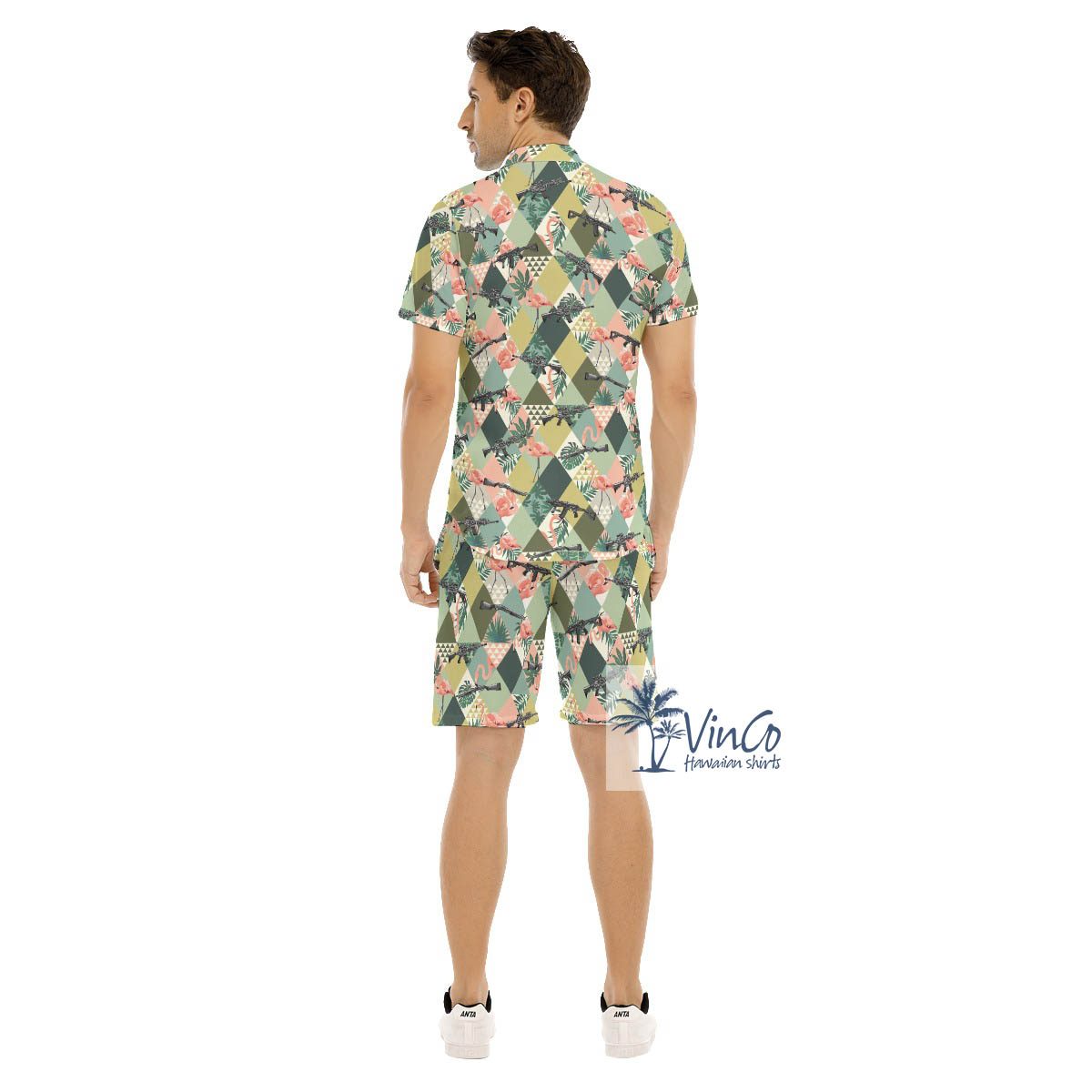 Set Tropical Flamingo Gun Hawaiian Shirt And Shorts For Men