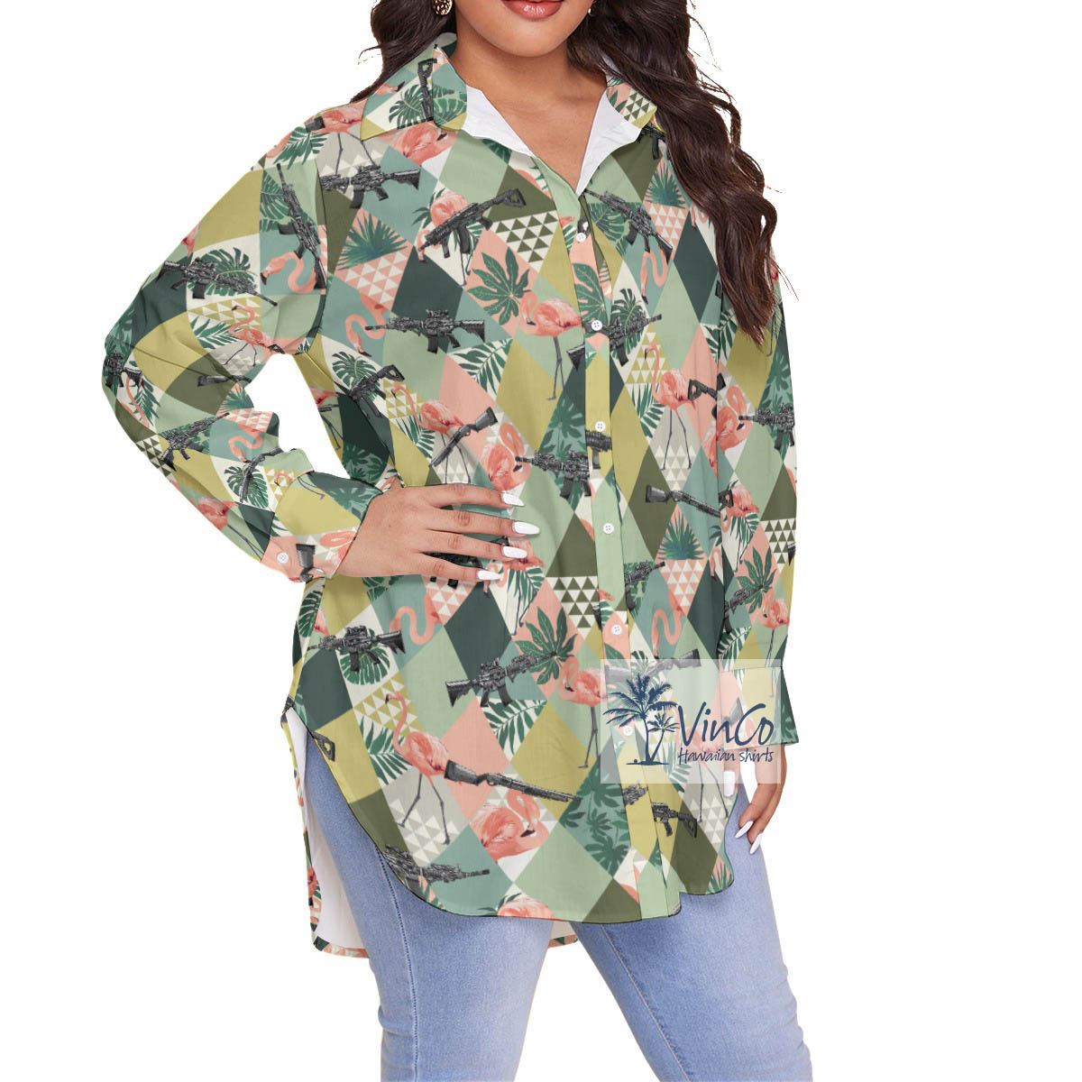 Green Tropical Flamingo Gun Hawaiian Oversize Shirt