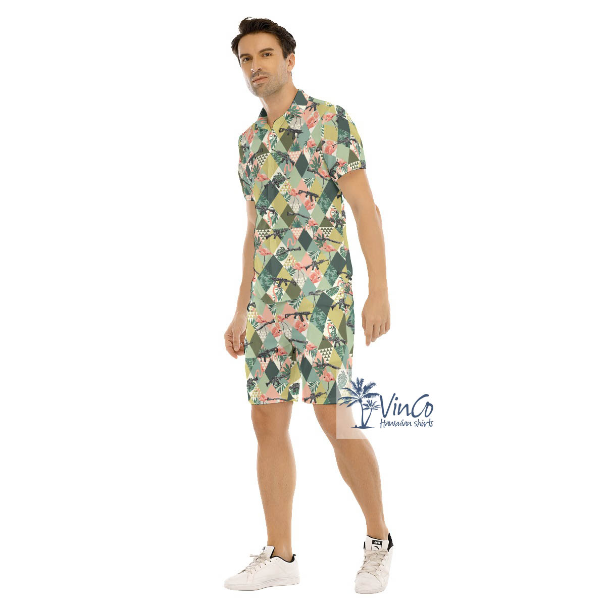Set Tropical Flamingo Gun Hawaiian Shirt And Shorts For Men