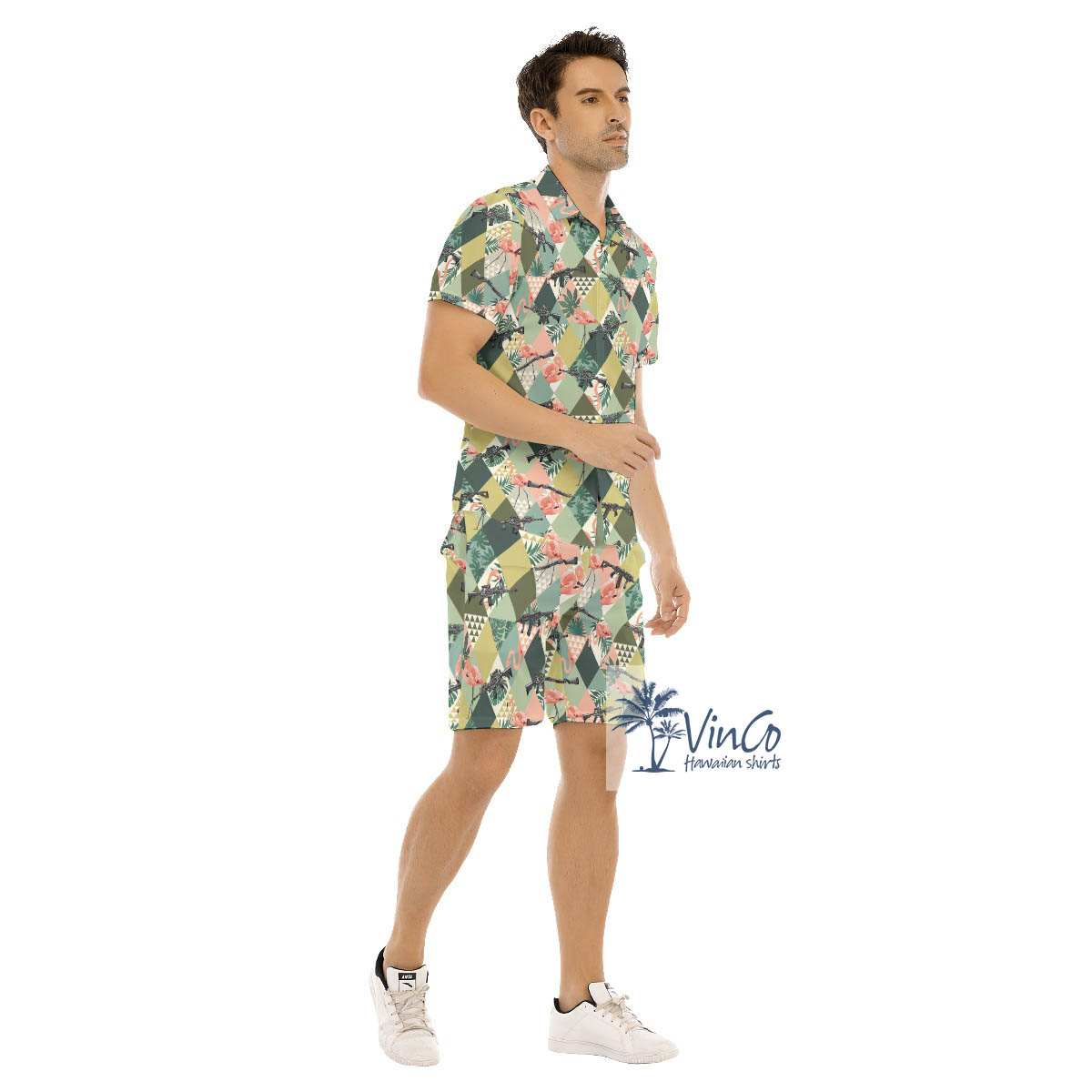 Set Tropical Flamingo Gun Hawaiian Shirt And Shorts For Men
