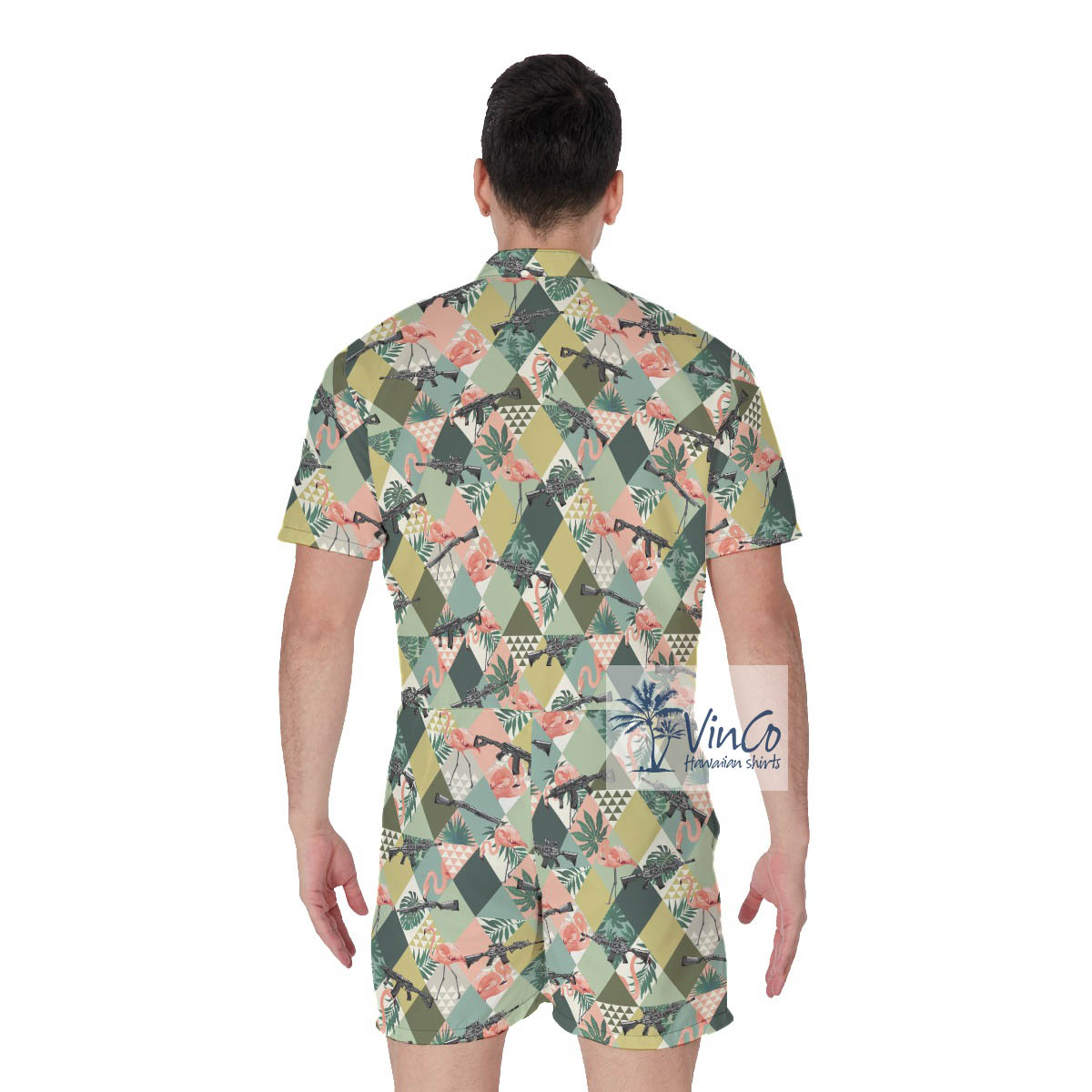 Tropical Flamingo Gun Green Hawaiian Romper