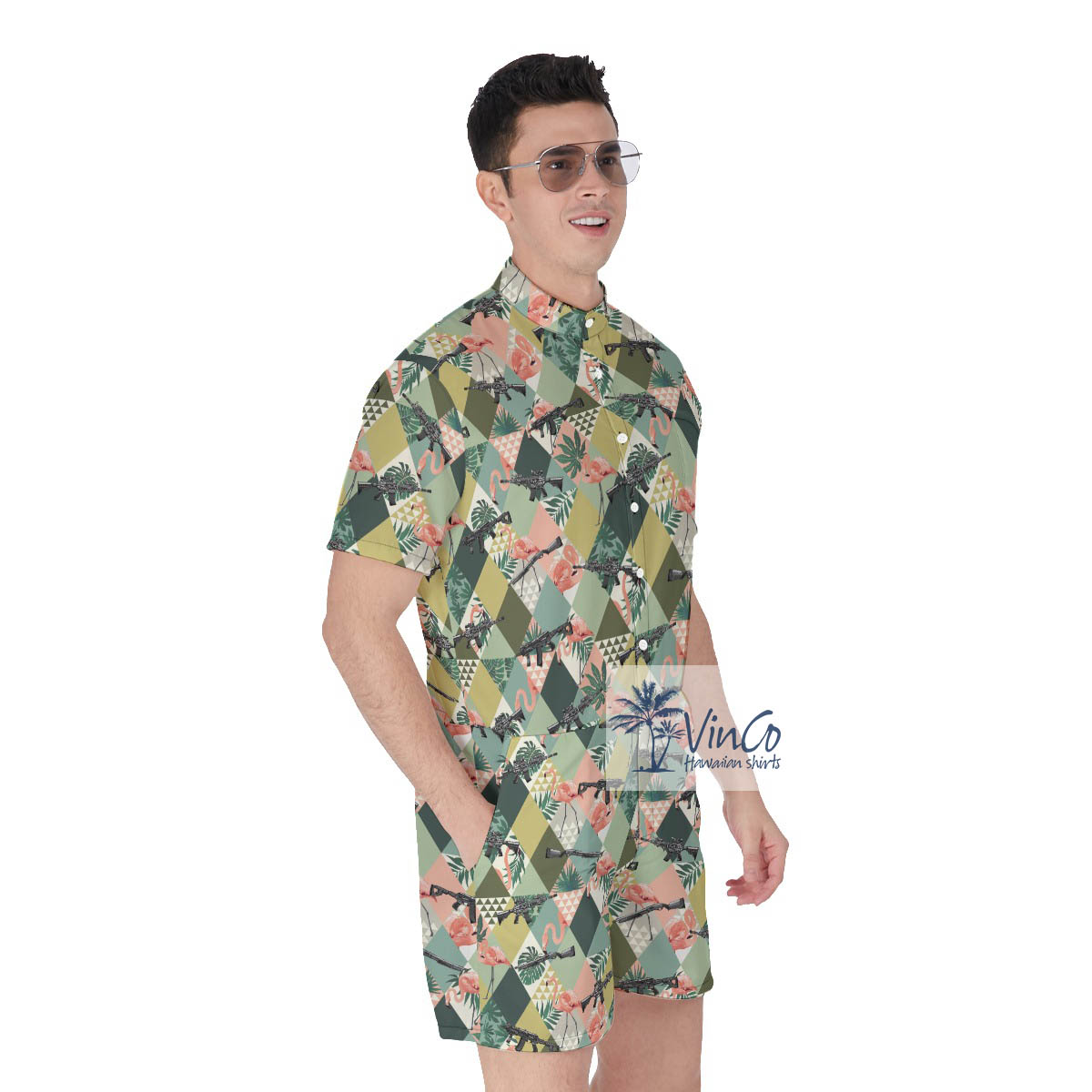Tropical Flamingo Gun Green Hawaiian Romper