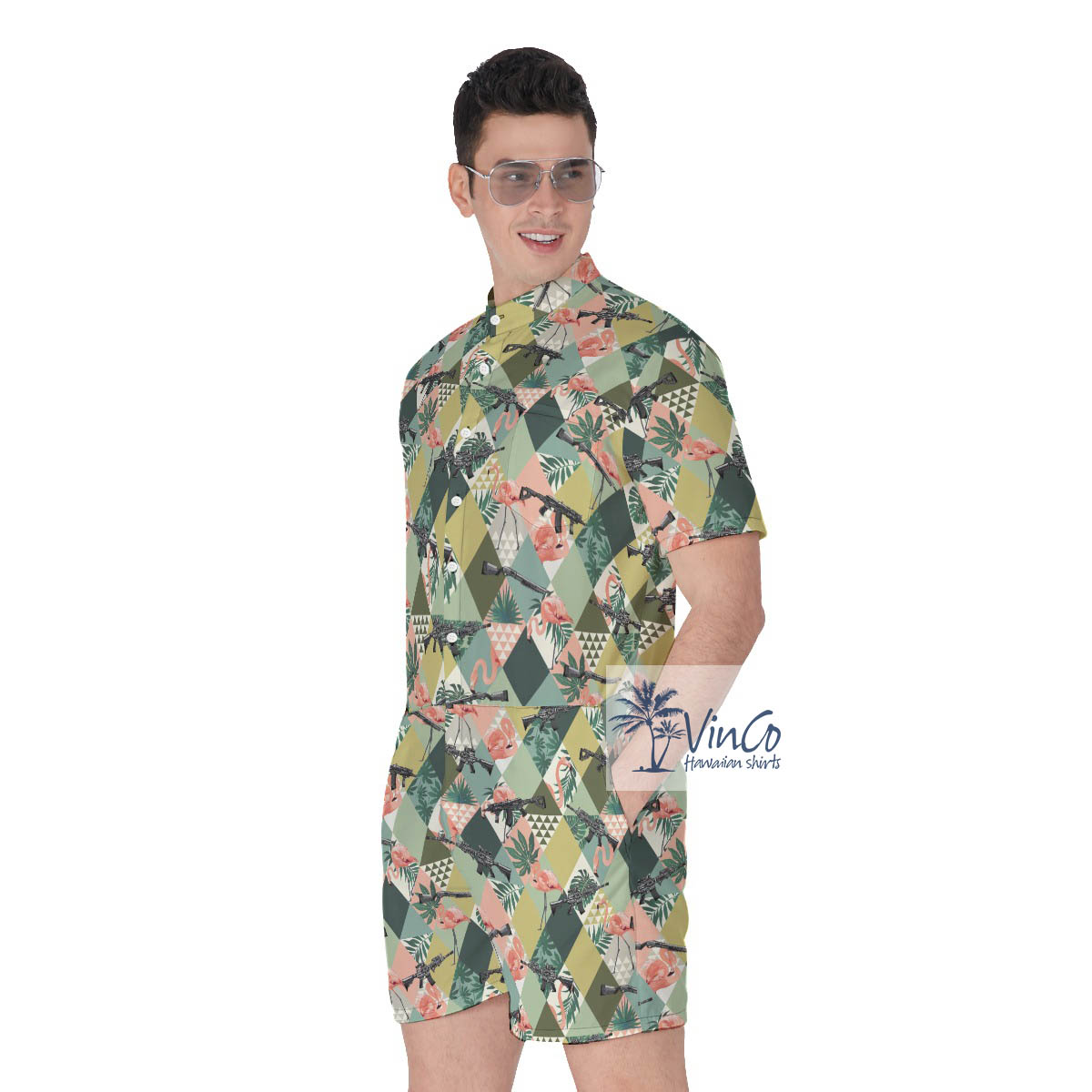 Tropical Flamingo Gun Green Hawaiian Romper