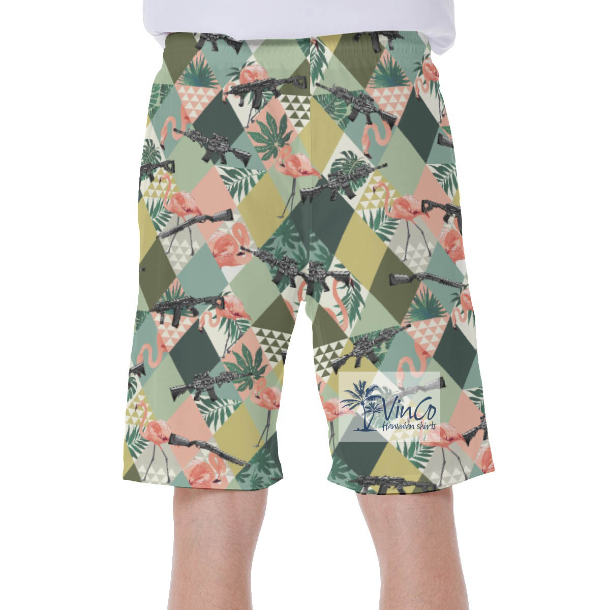 Tropical Flamingo Gun Green Hawaiian Swimwear For Men