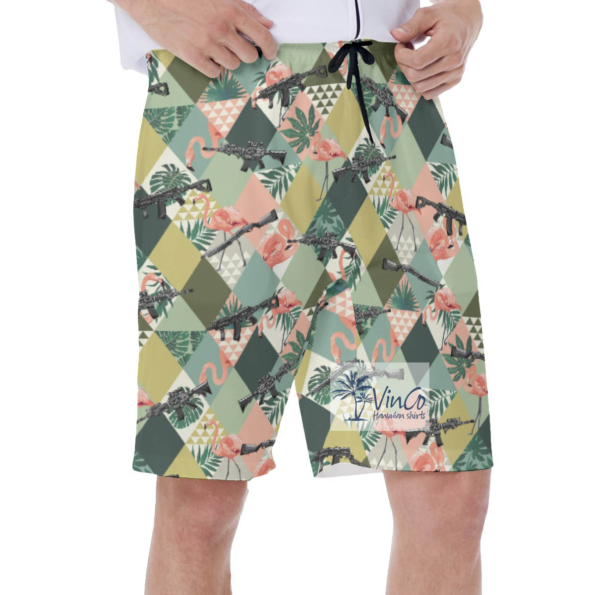 Tropical Flamingo Gun Green Hawaiian Swimwear For Men